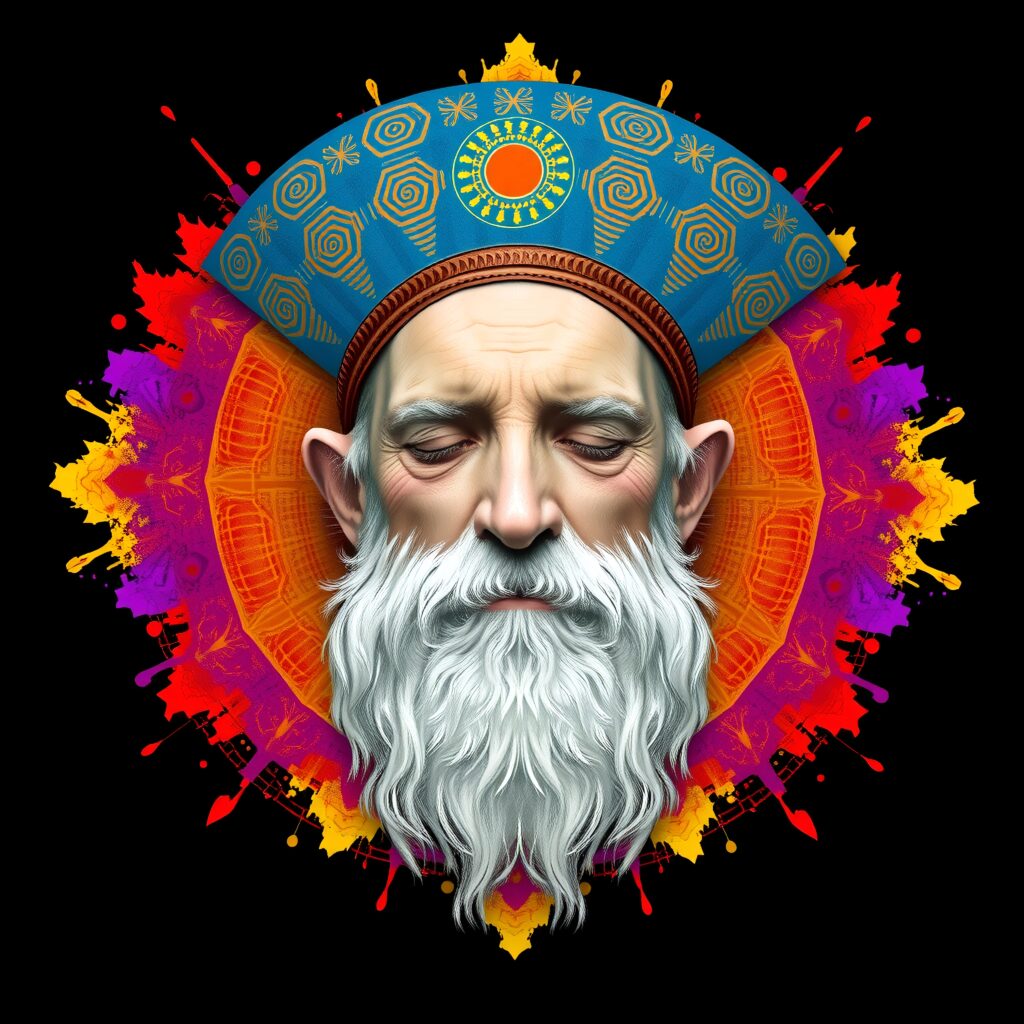 Elderly Man with Regal Blue Crown and Vibrant Art Background