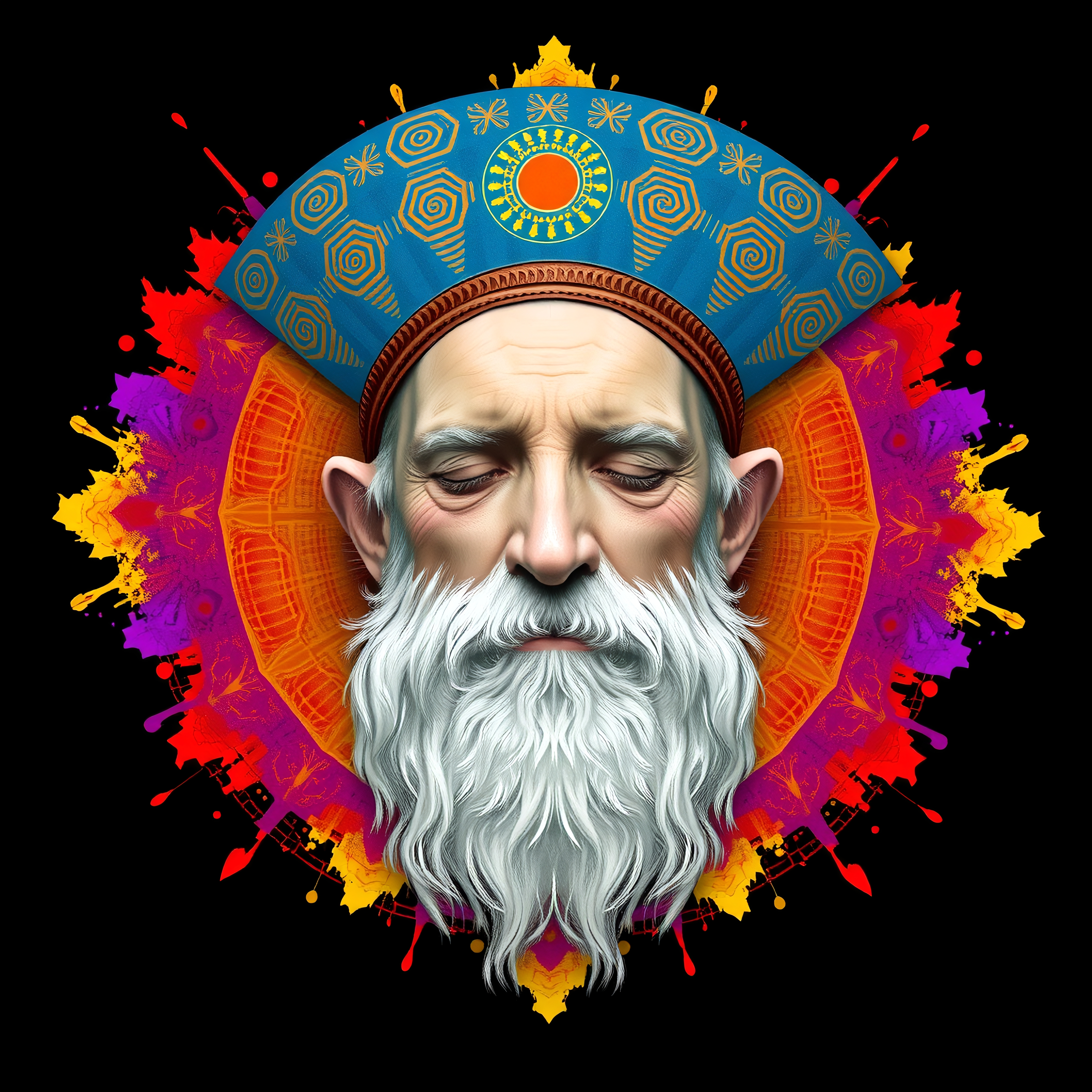 Elderly Man with Regal Blue Crown and Vibrant Art Background