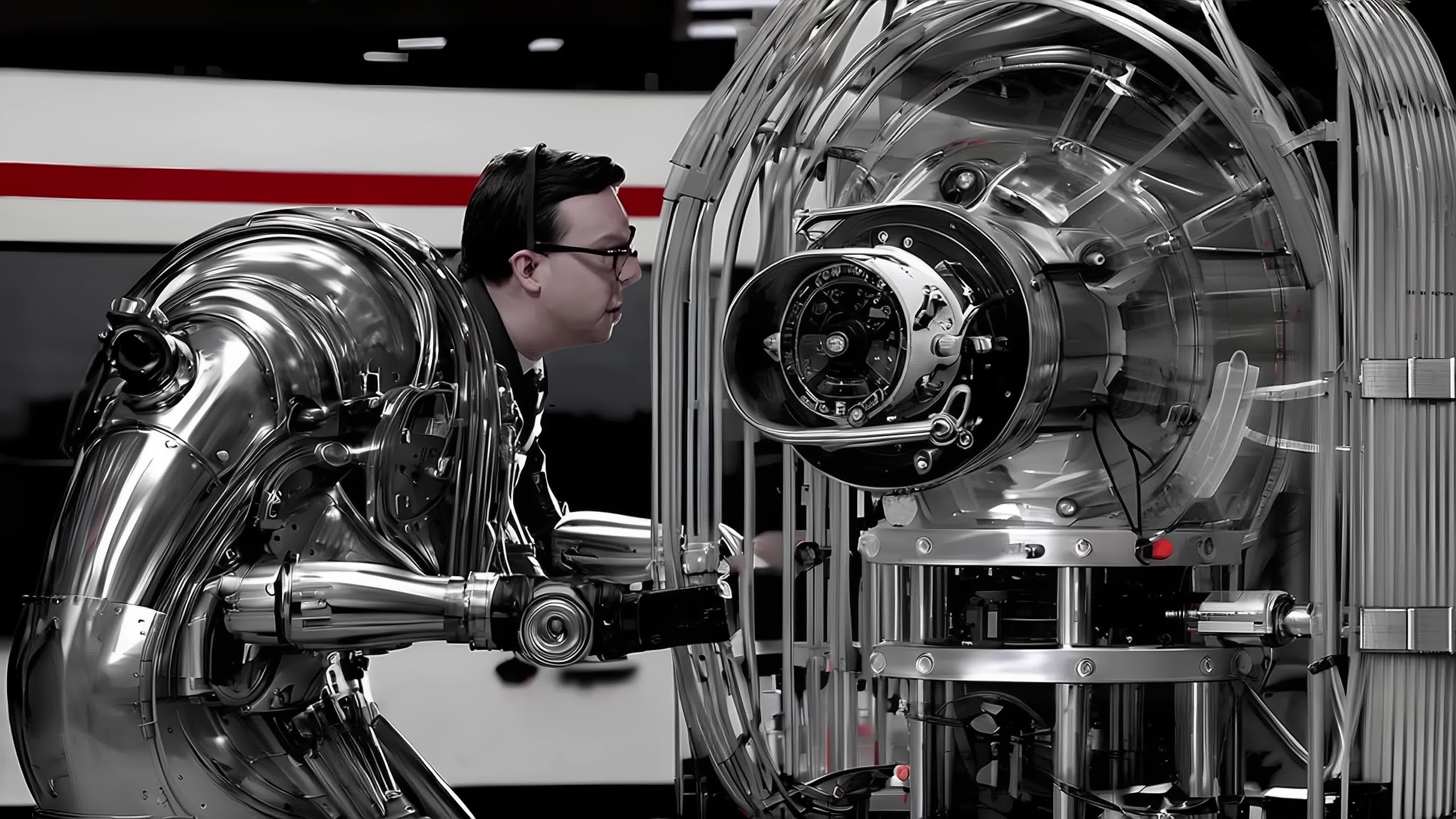 4K video pf a futuristic armored technician inspecting high-tech mechanical core inside neon-lit engineering facility.