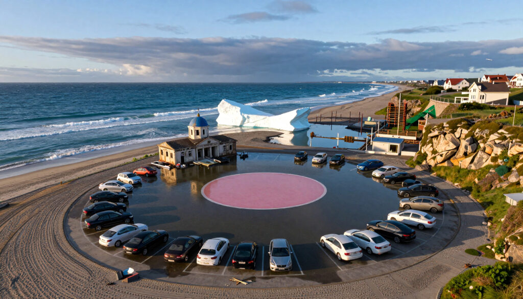 Coastal Parking Lot with Pink Circular Feature and Ocean View