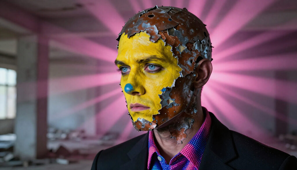 Metallic Masked Figure with Yellow Paint and Blue Nose in Industrial Setting