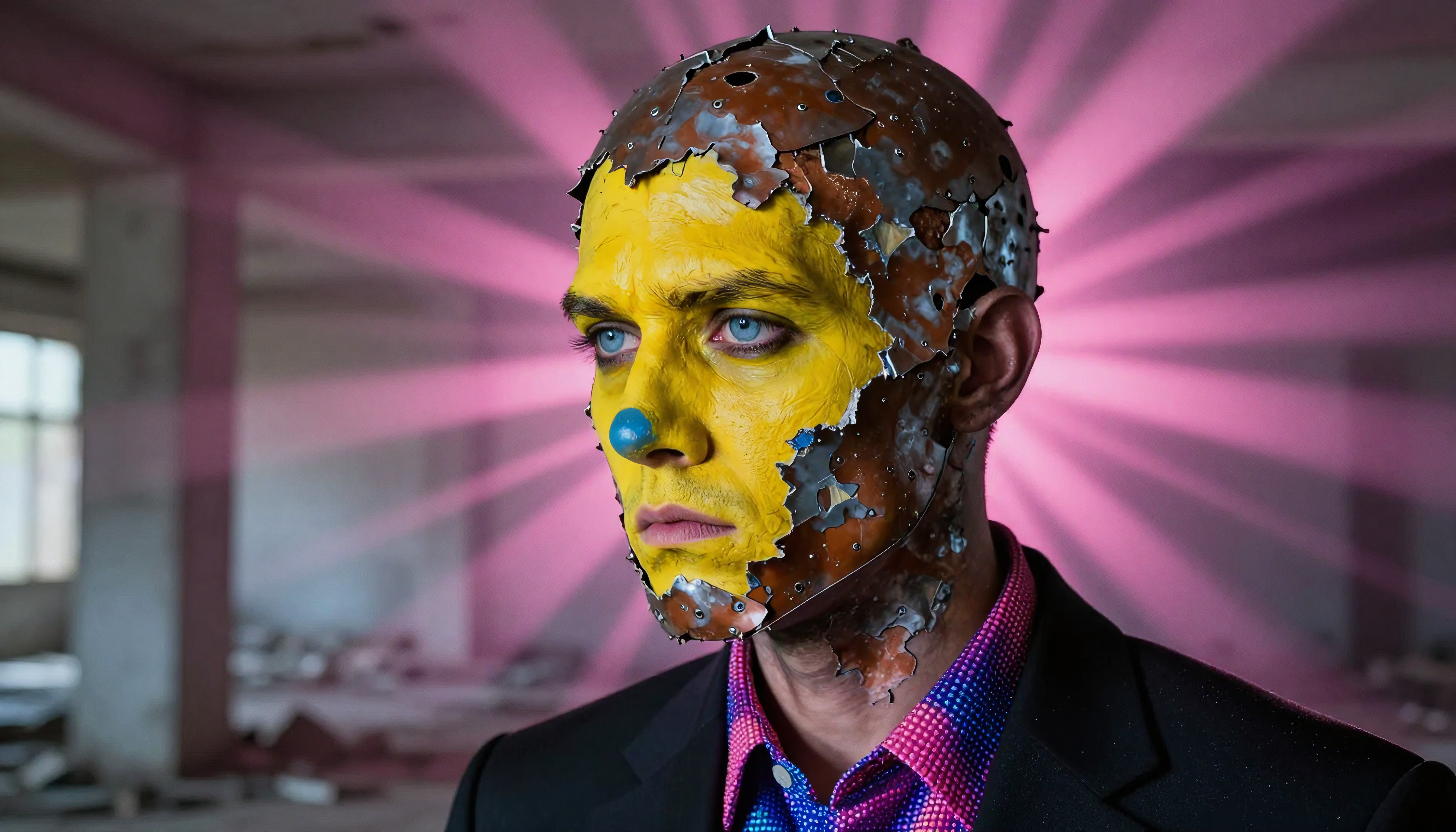 Metallic Masked Figure with Yellow Paint and Blue Nose in Industrial Setting