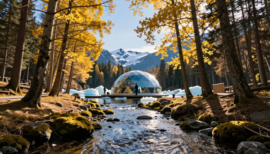 Geodesic Dome in Autumn Forest with Mountain Backdrop and River