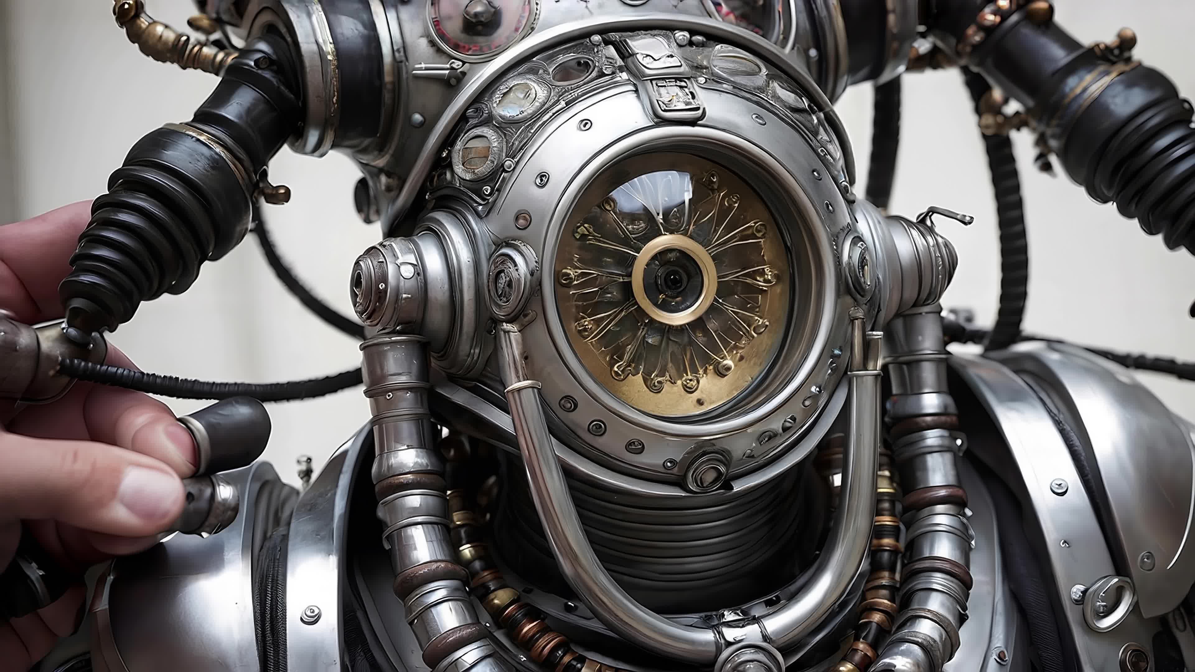 4K video close-up of intricately designed steampunk mech with visible gears, tubes, bolts, and rustic patina.