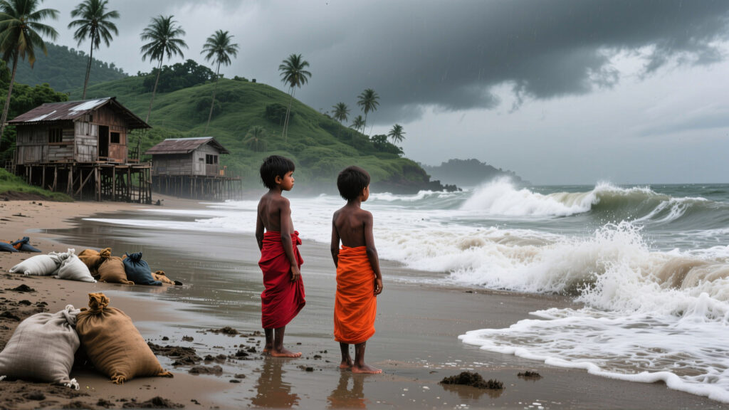 Two Children on Tropical Beach Watching Stormy Ocean Waves