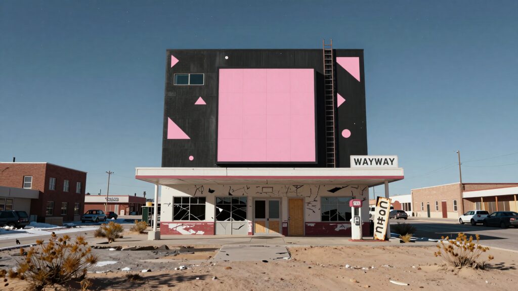 Dilapidated Gas Station with Bold Pink and Black Facade in Desert Town