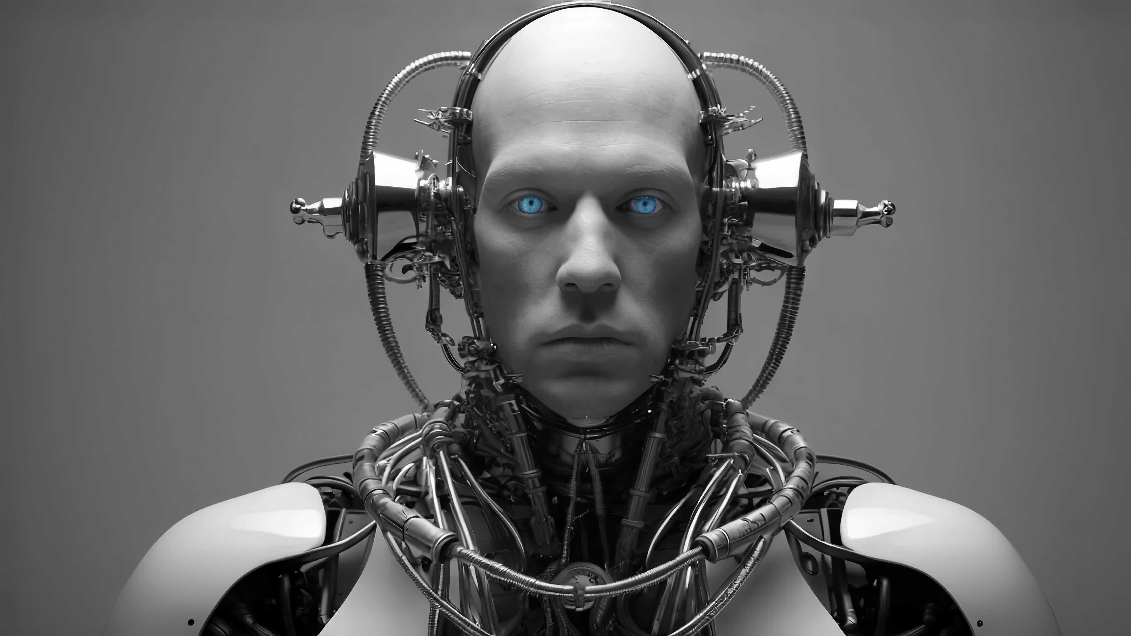 4K video of a robotic humanoid with glowing blue eyes staring intensely against dystopian sci-fi backdrop.