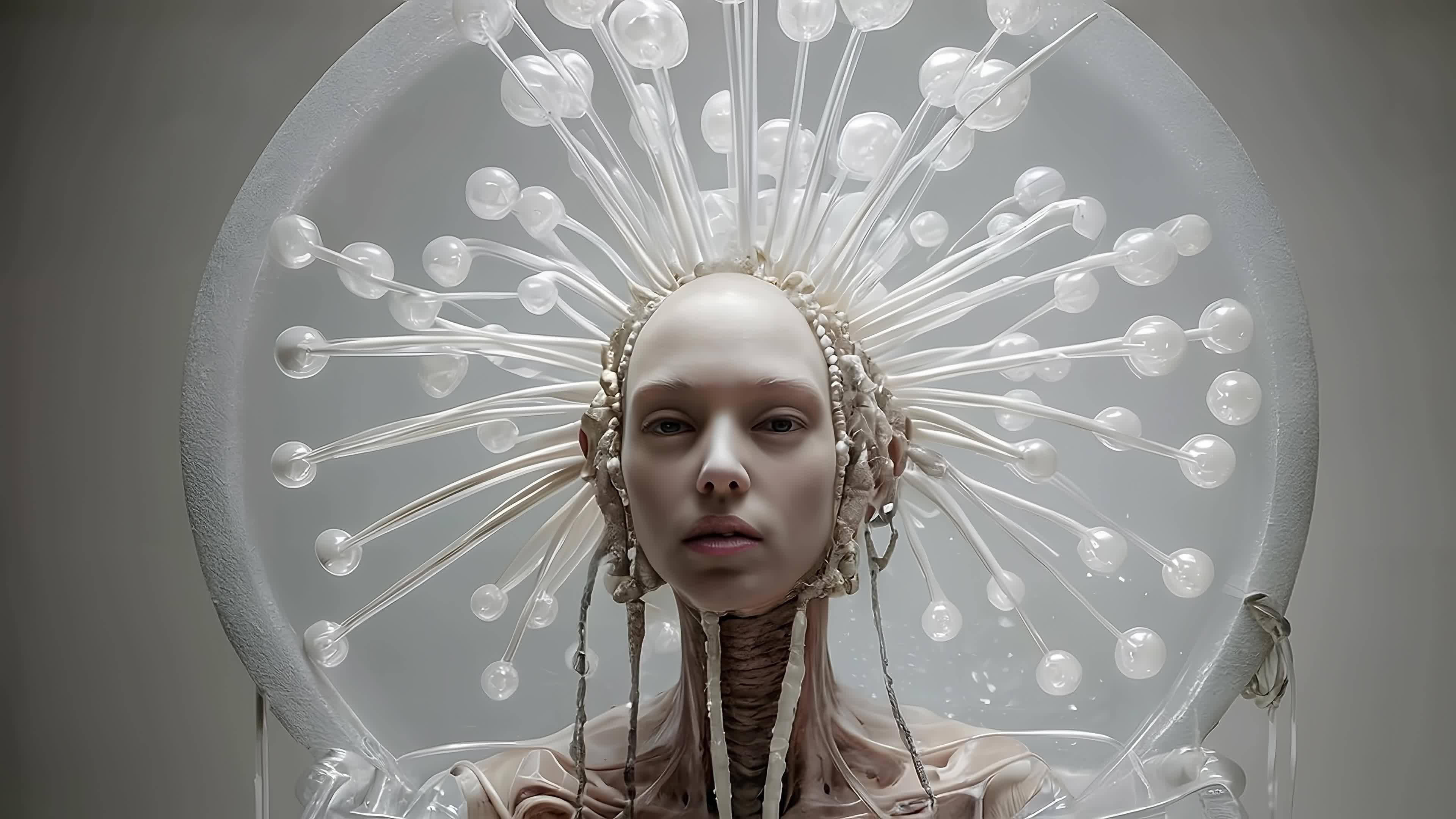 Cyberpunk goddess with glowing orb crown and biomechanical features in futuristic sci-fi 4K video.