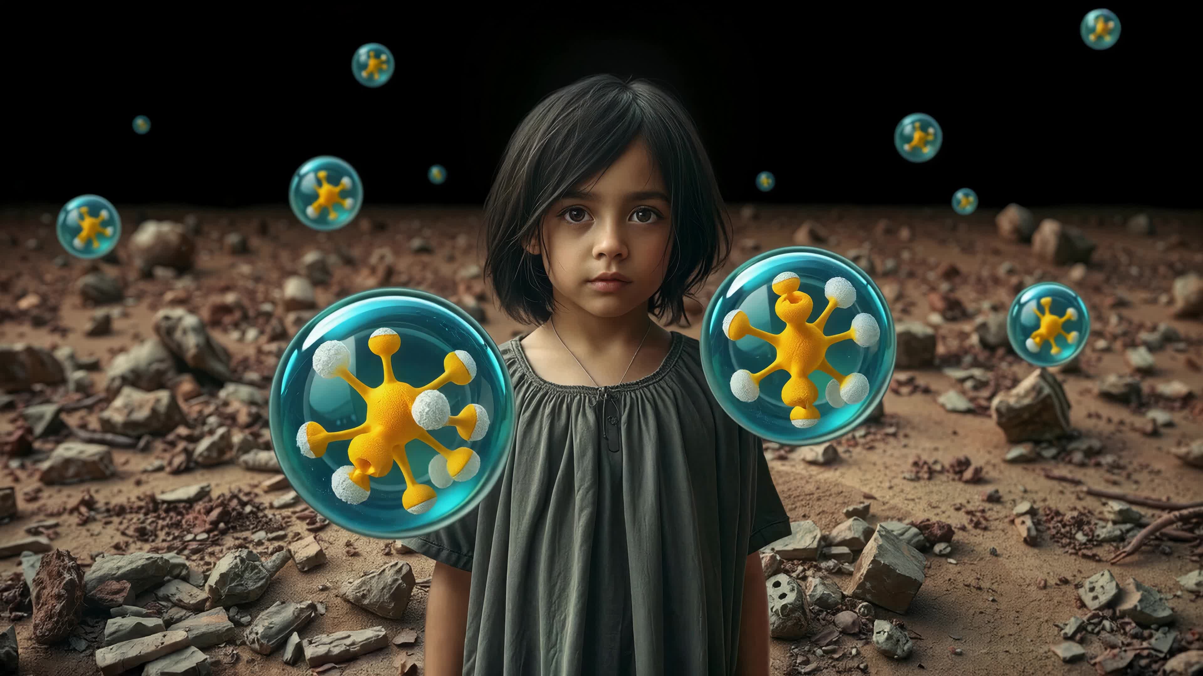 4K video of a brave little girl protects Earth from airborne viruses while standing alone amidst a ruined Martian-like wasteland under ominous skies.