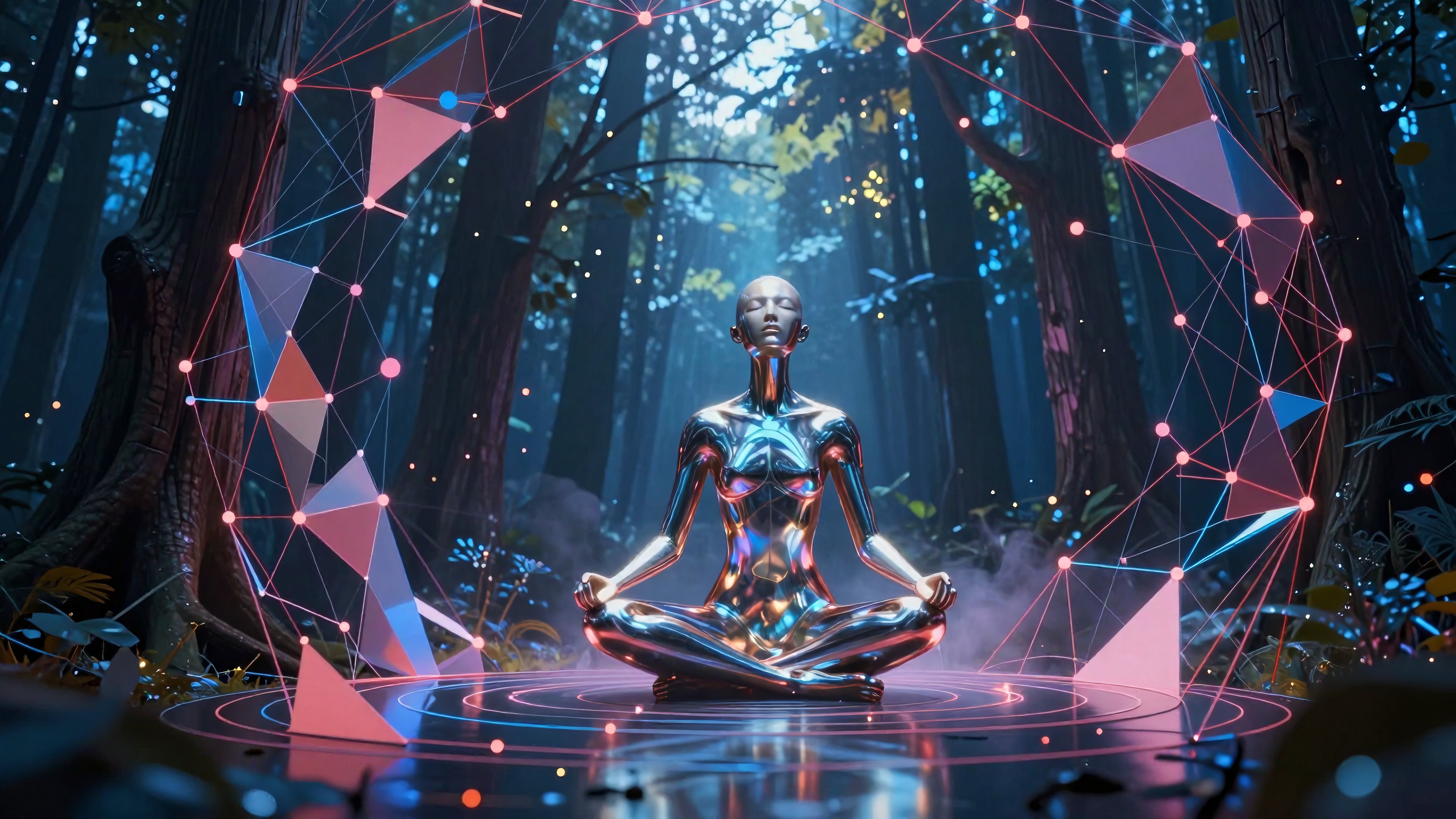 Cybernetic Meditator in Mystical Digital Forest with Glowing Geometric Elements