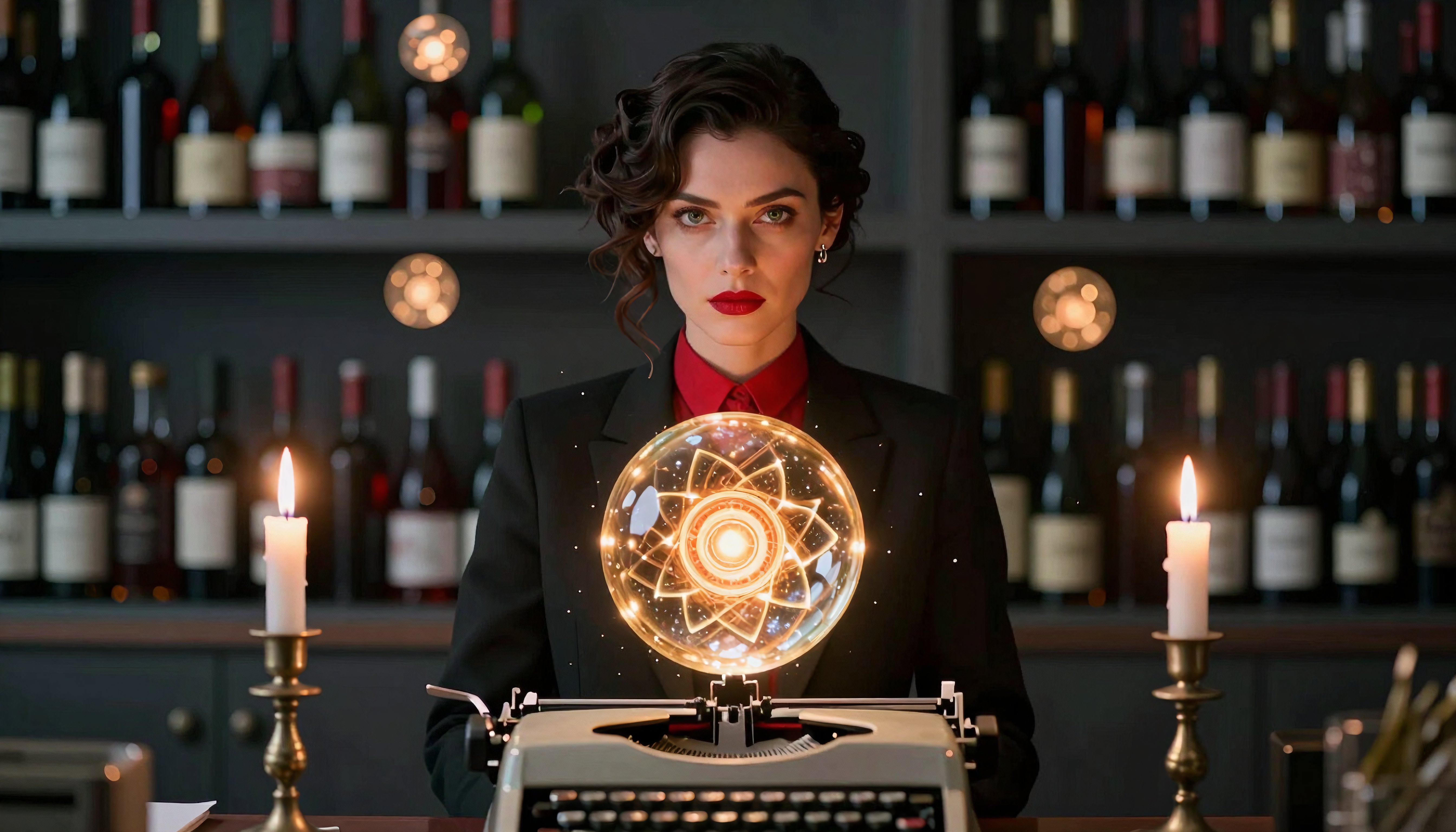 Woman with glowing orb at vintage typewriter in wine cellar