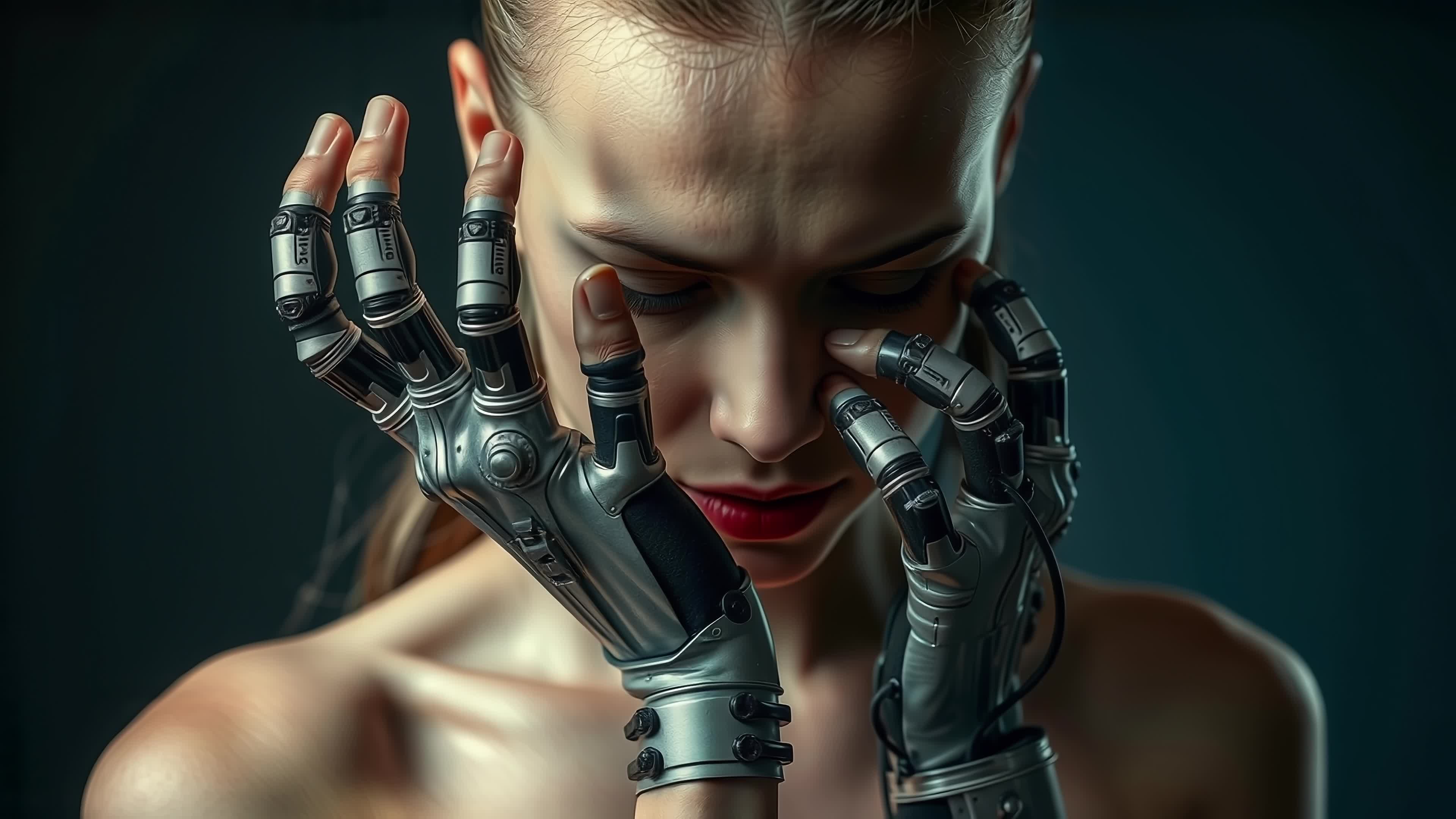 4K video of a woman with robotic arms covering face expressing deep emotion against dark background.
