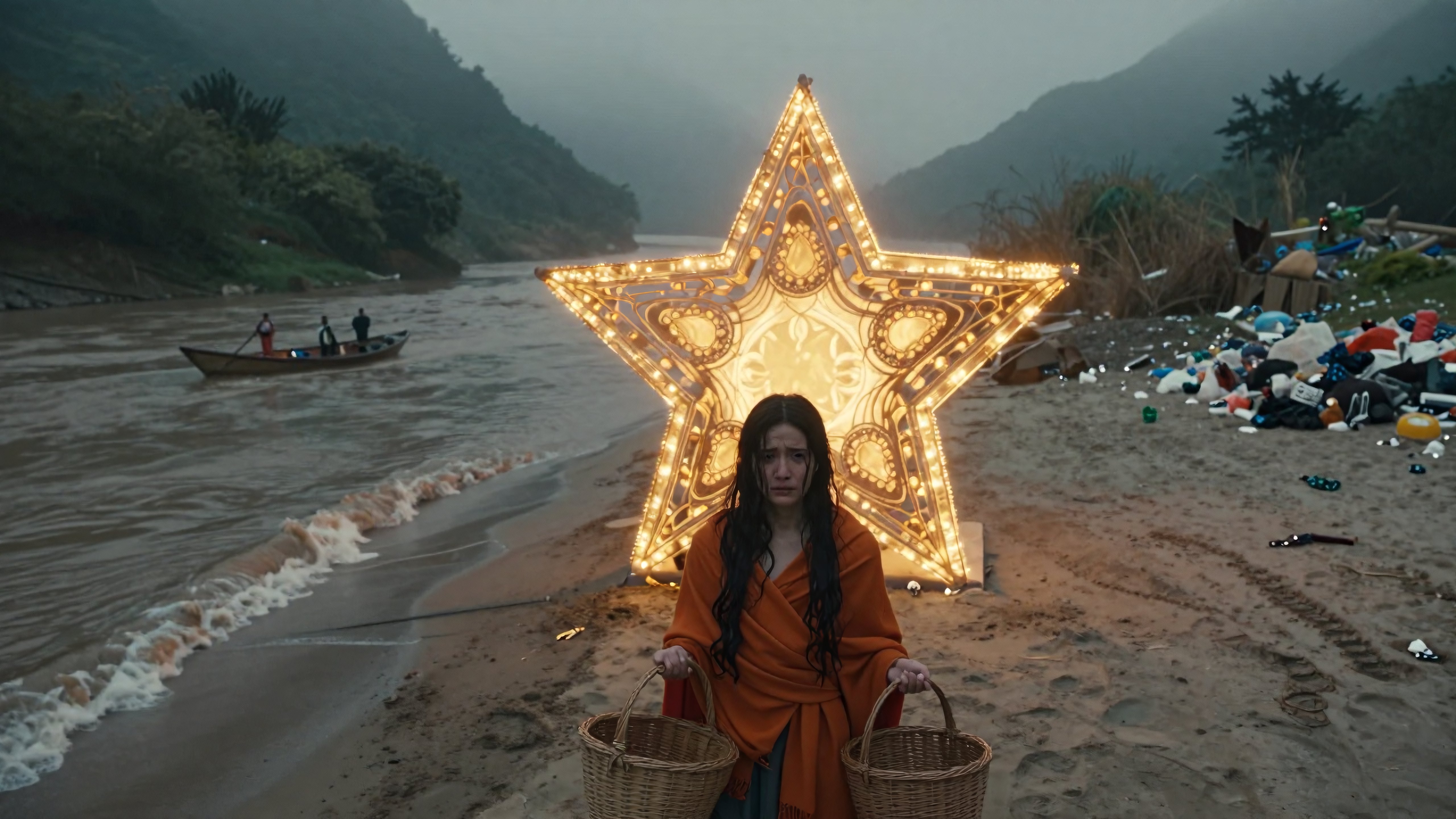 Woman with Baskets Before Giant Illuminated Star on Riverbank