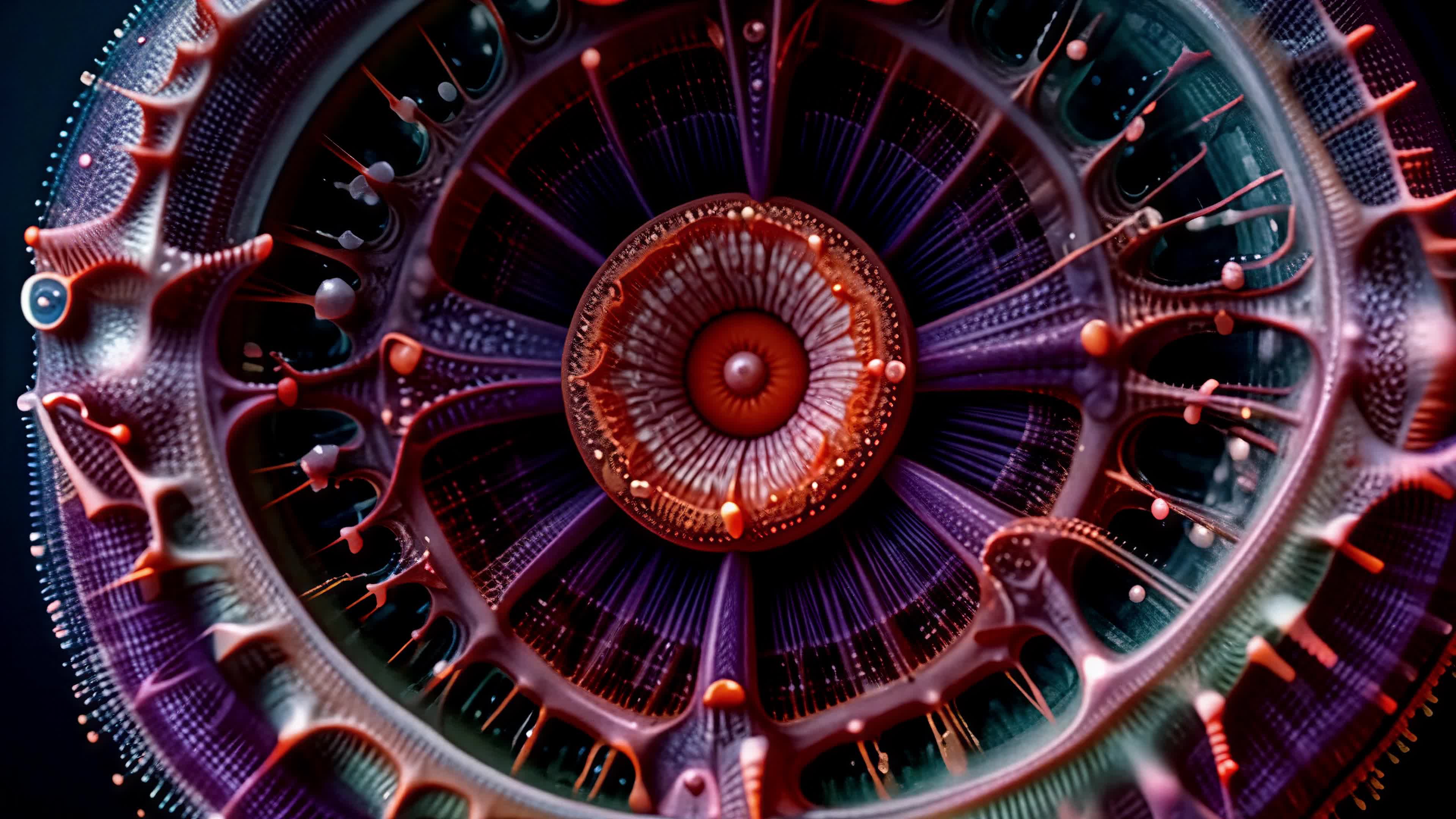 An abstract cosmic mandala with swirling fractals, glowing colors, and orbital spheres creating serene sci-fi 4K video.