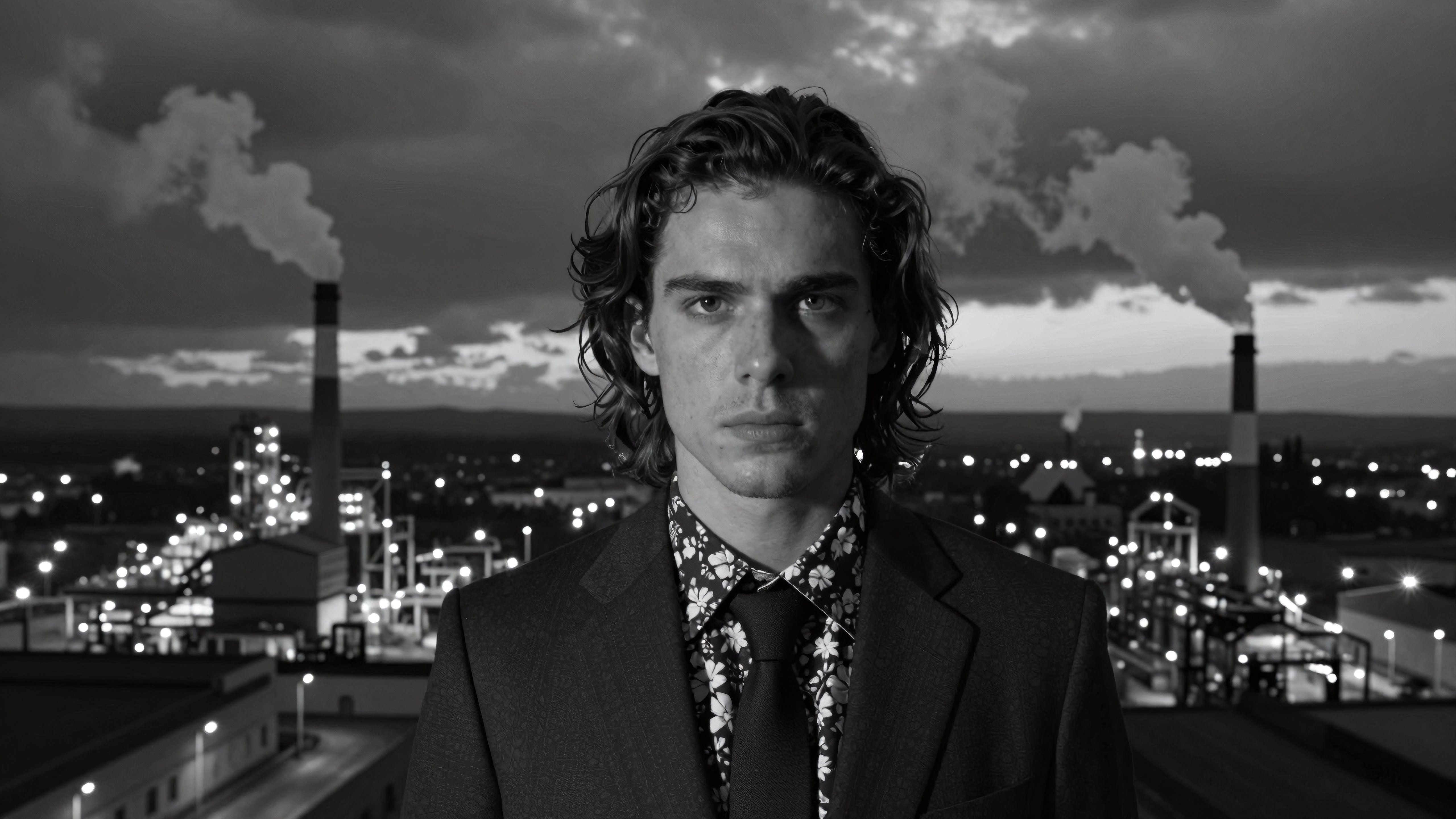 Professional Black and White Portrait of Man in Industrial Cityscape
