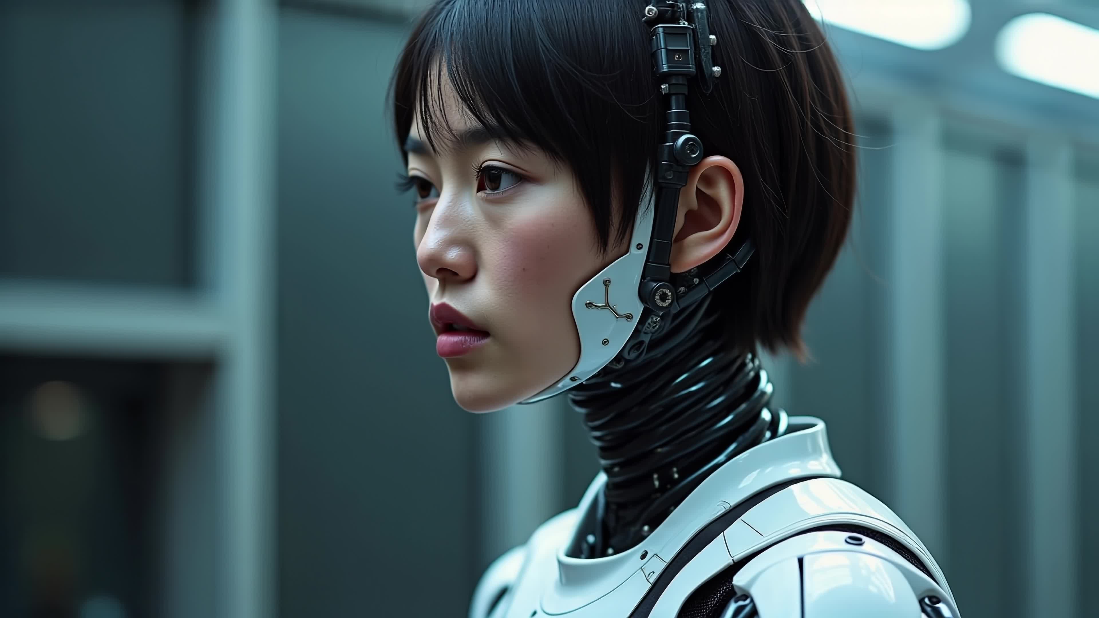 4K video of a futuristic female android staring thoughtfully in steel-lit laboratory environment.