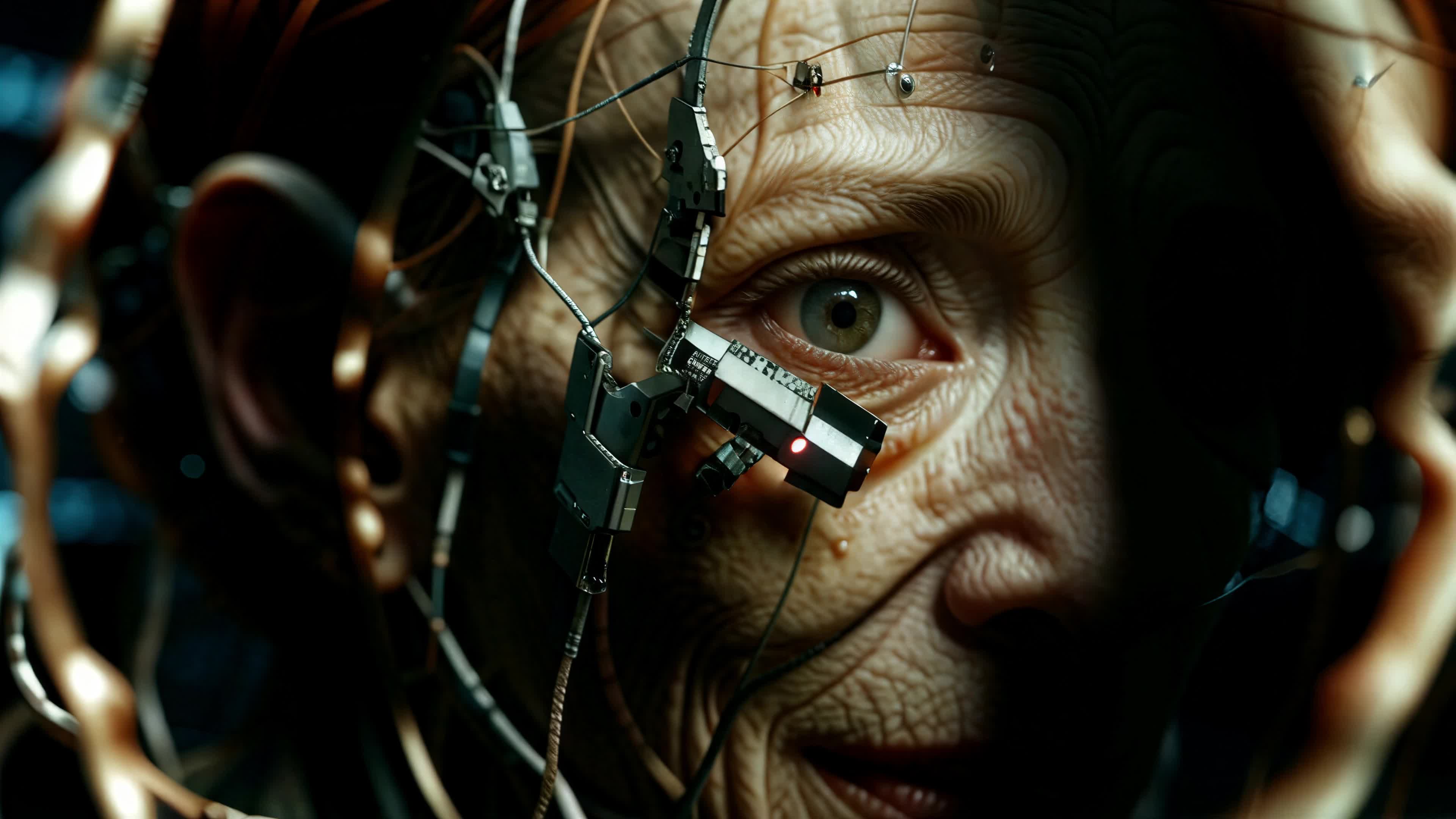 4K video of an elderly cyborg woman with implanted cybernetics staring intensely in futuristic dystopian setting.