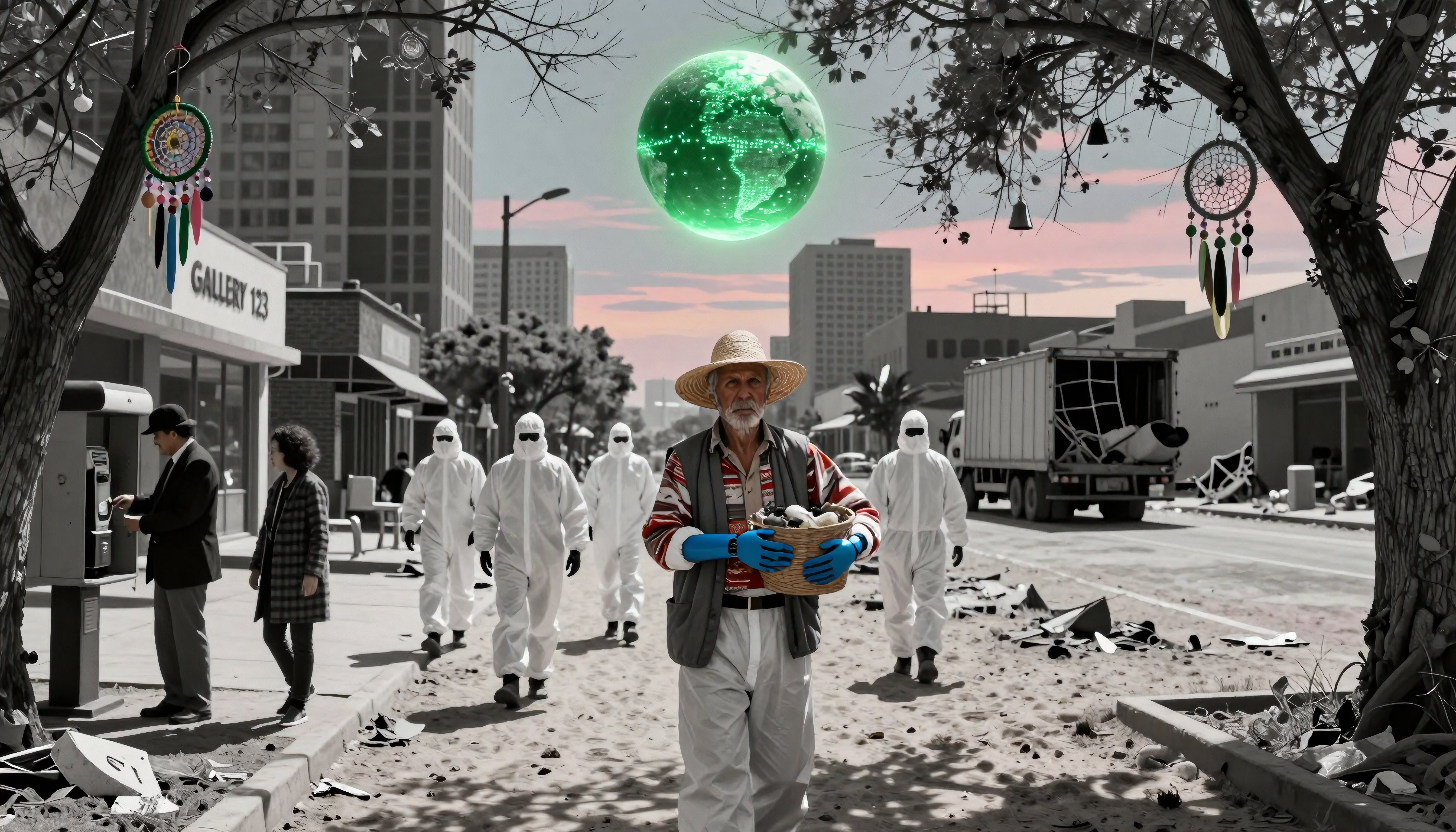 Post-Apocalyptic Urban Scene with Glowing Globe and Hazmat Workers