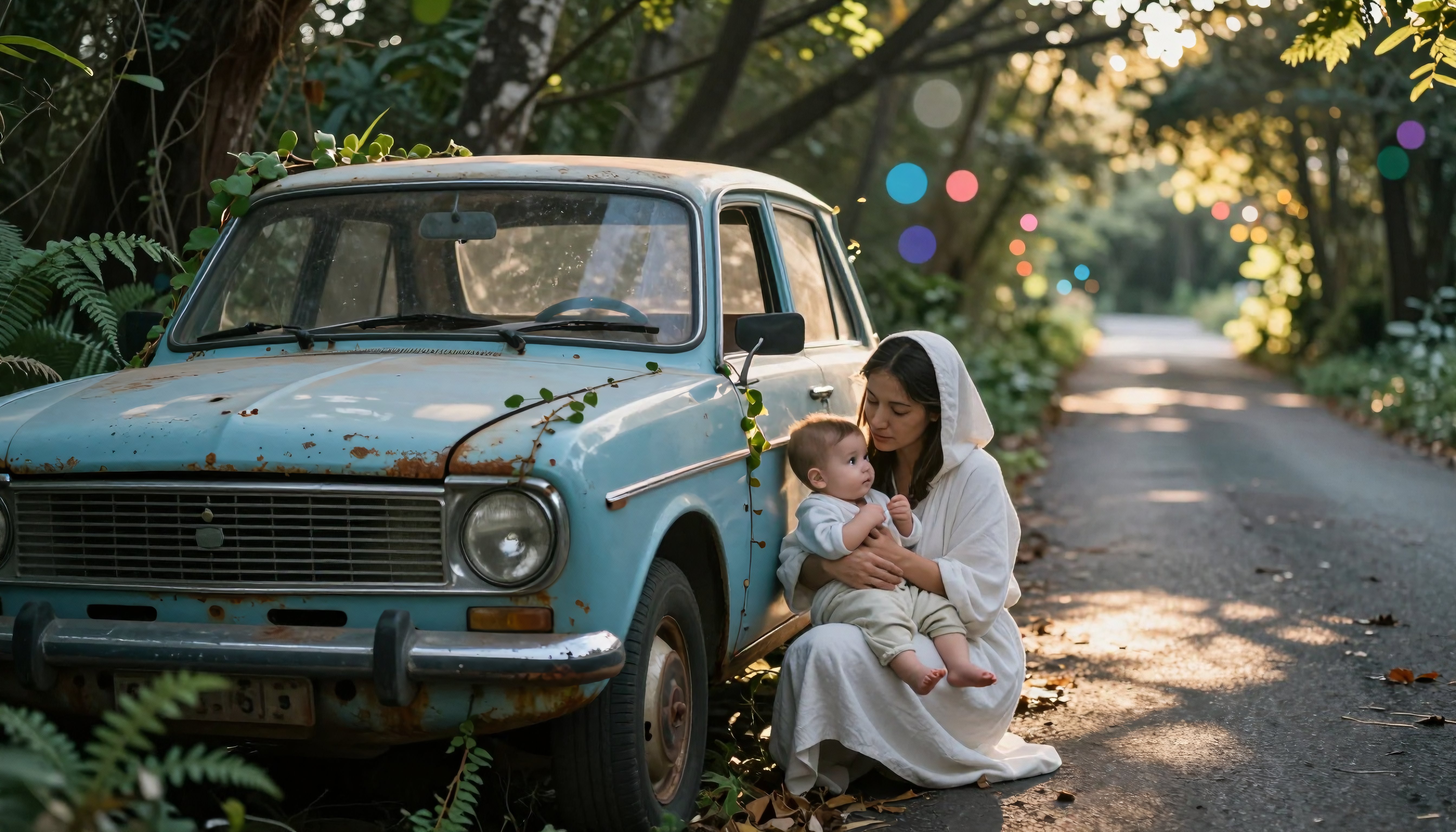 Vintage Blue Car and Mother with Baby in Serene Forest Lane