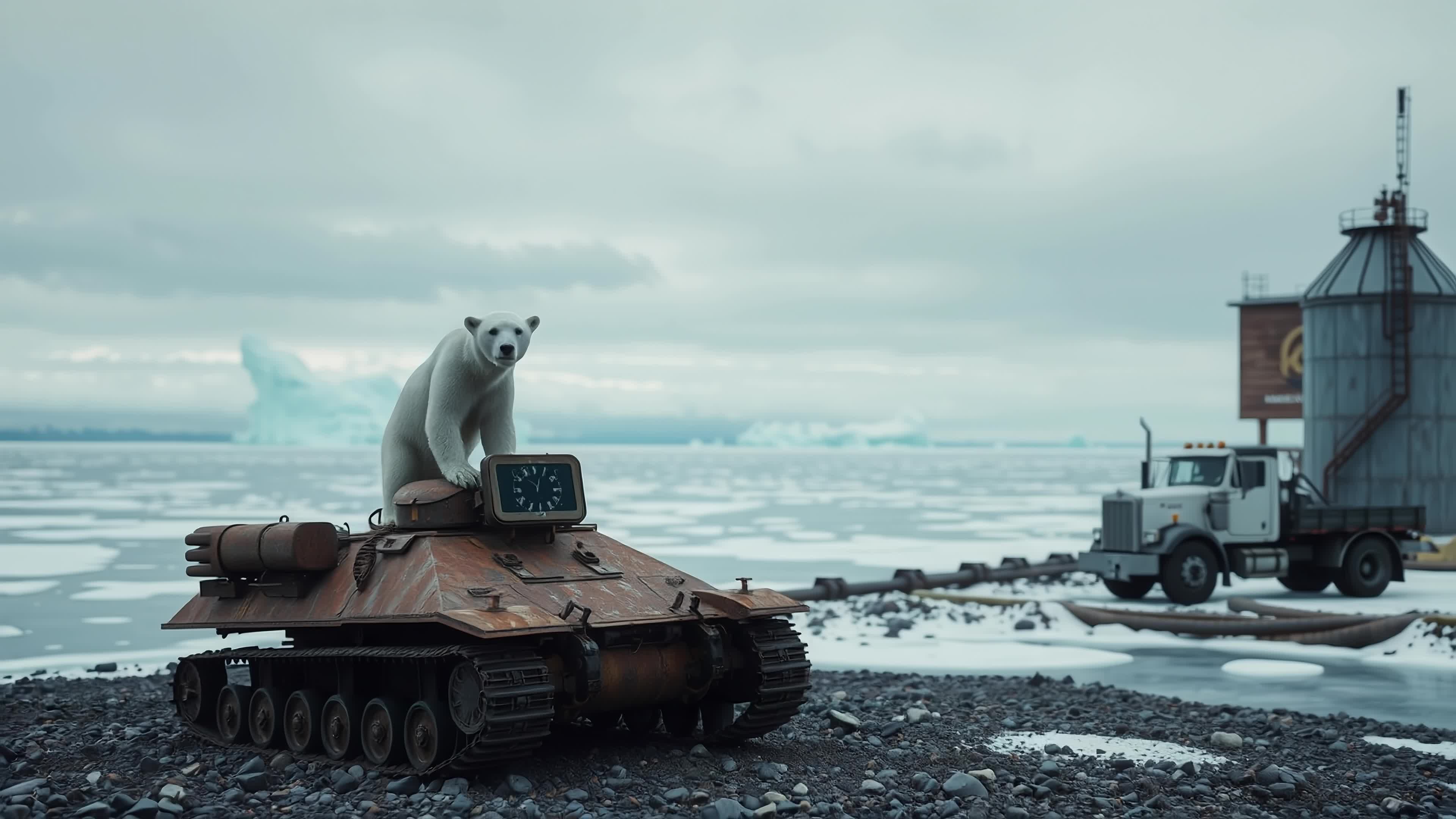 4K video of a polar bear perched atop rusty tank amid icy wilderness near abandoned truck and fuel tower.