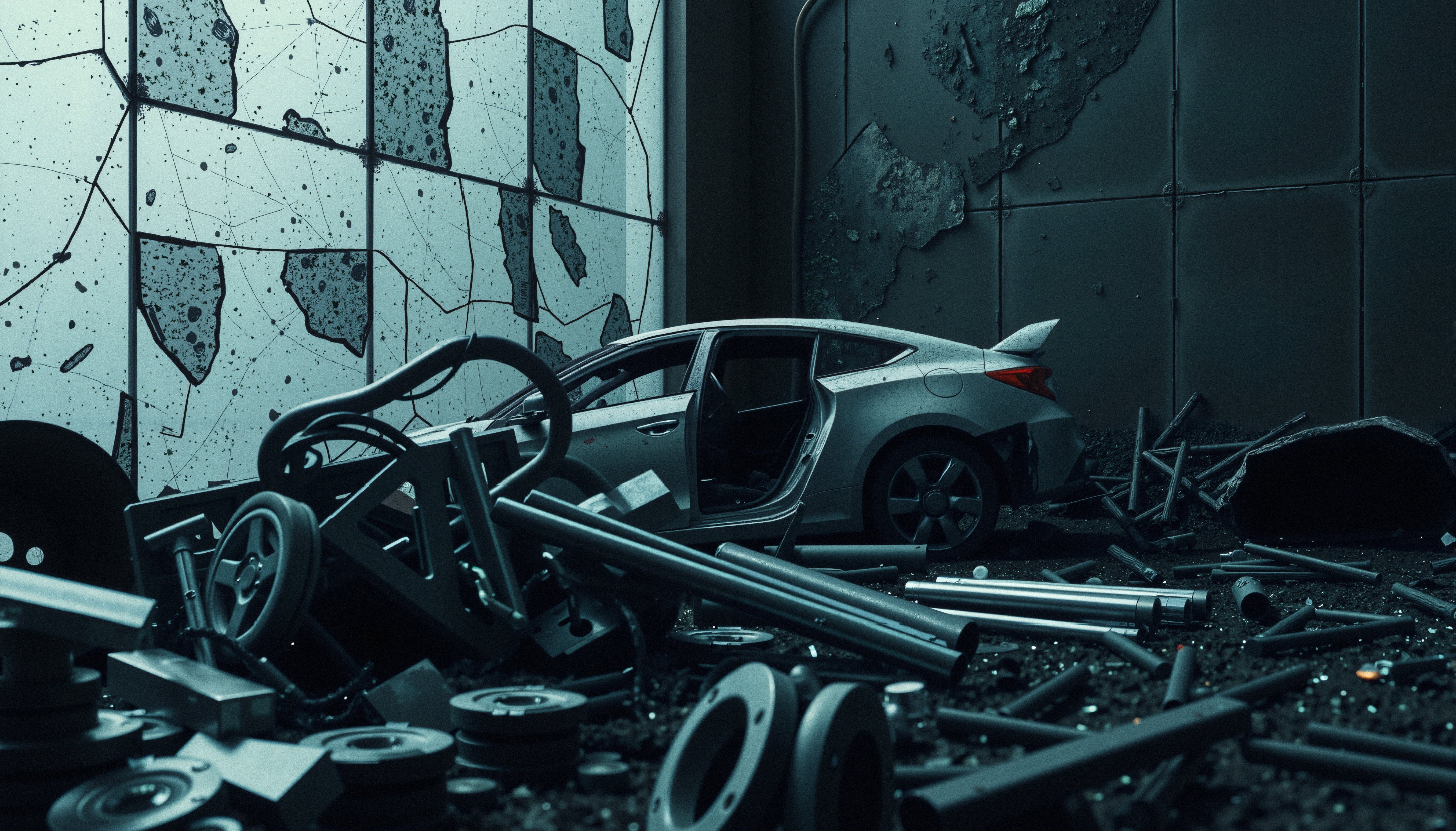 Post-Apocalyptic Car Wreckage in Industrial Ruins