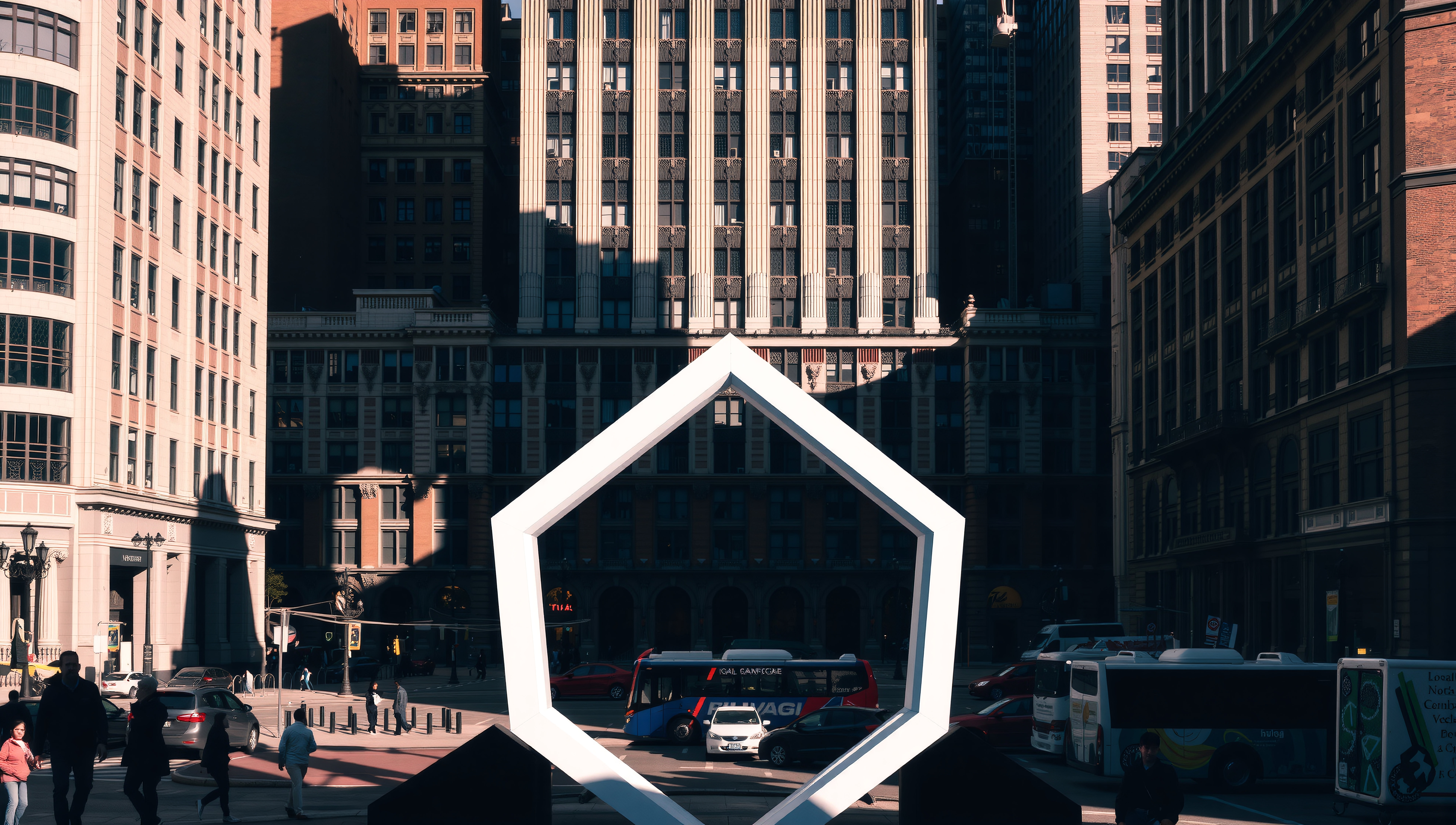 City Street Scene with Geometric Frame and Urban Architecture