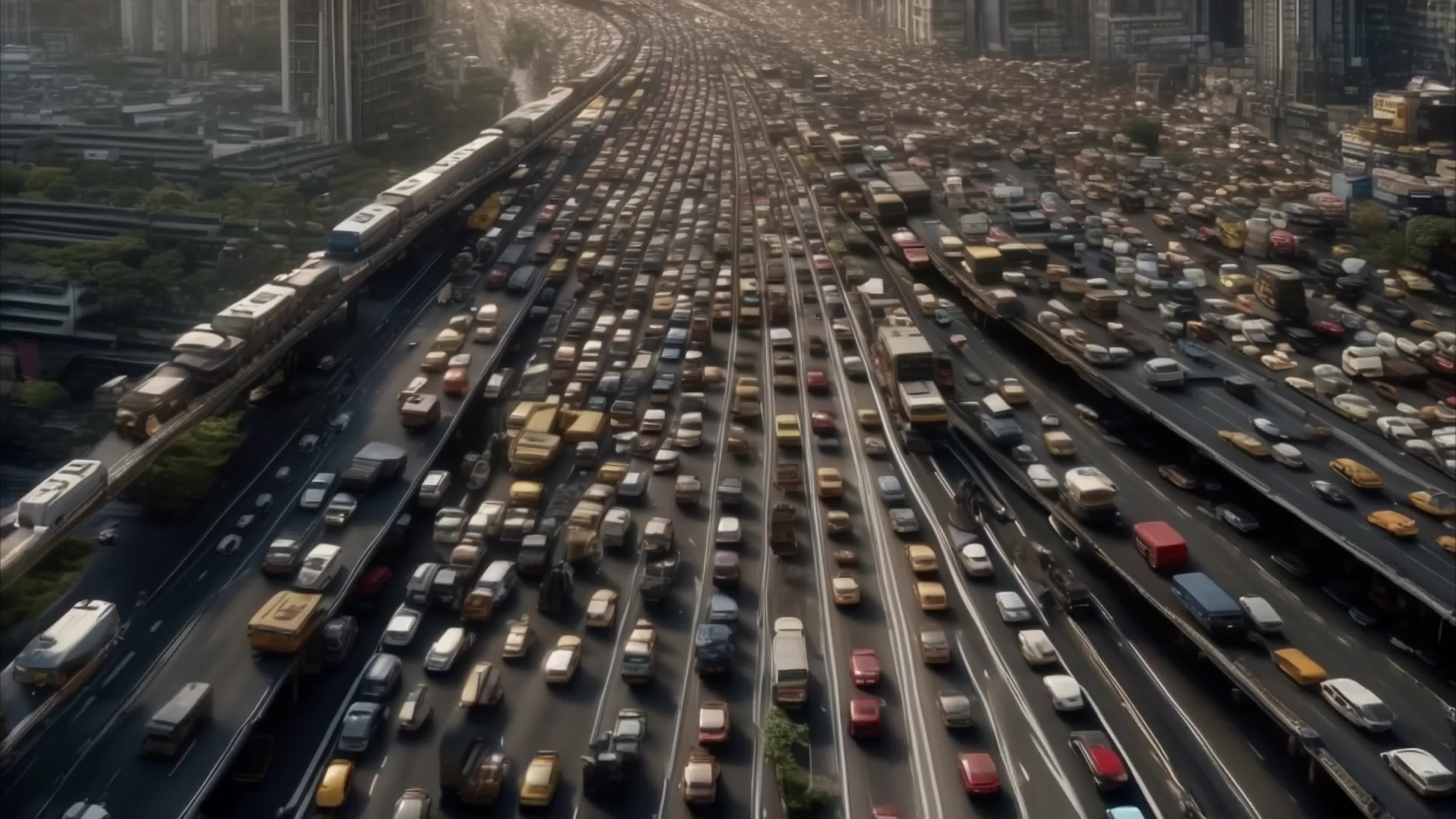 4K video of a massive highway jammed with cars surrounded by towering buildings during golden hour haze.