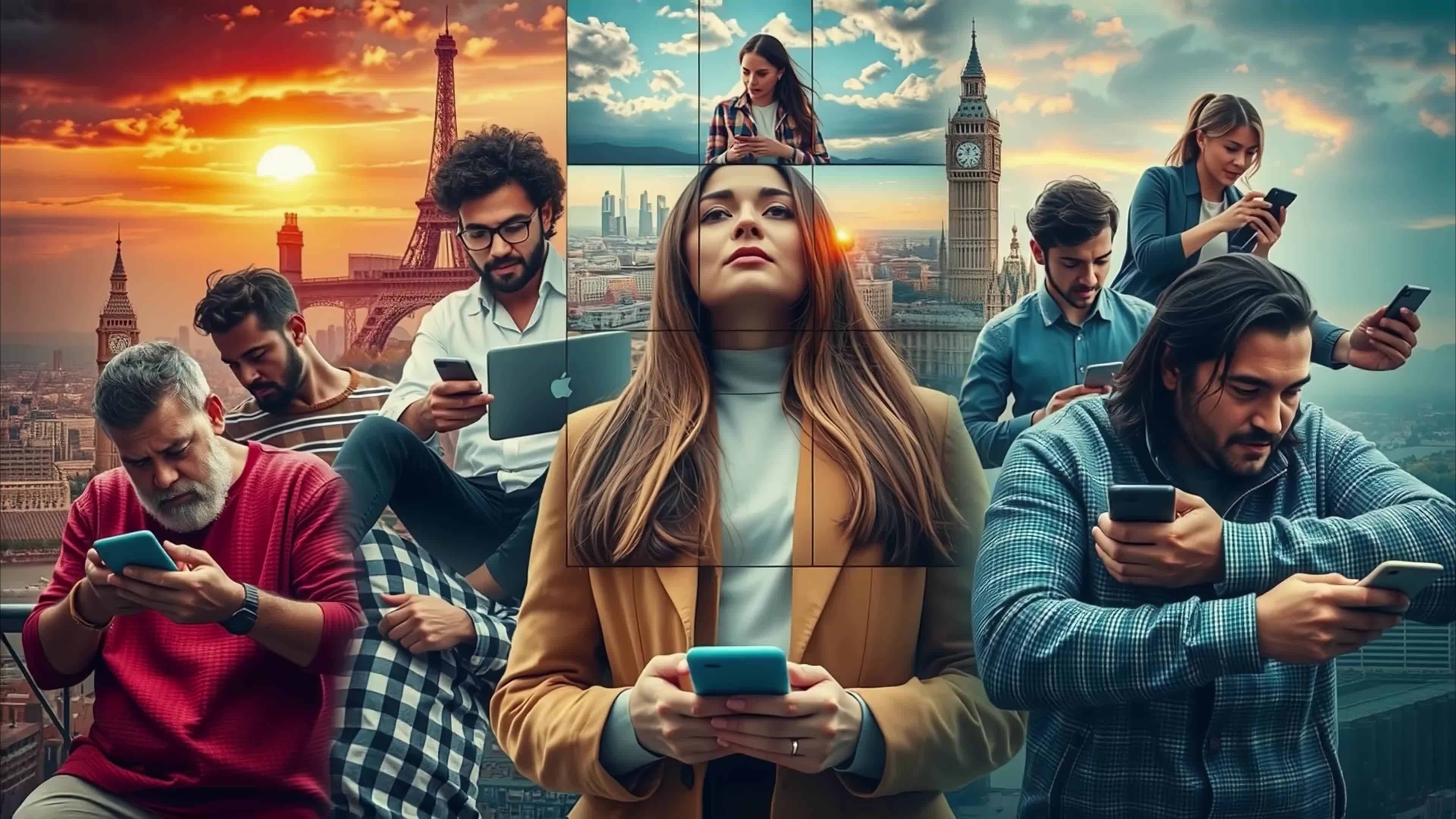 4K video of people glued to phones amid famous landmarks, highlighting digital age disconnect and rising anxiety over device overuse.