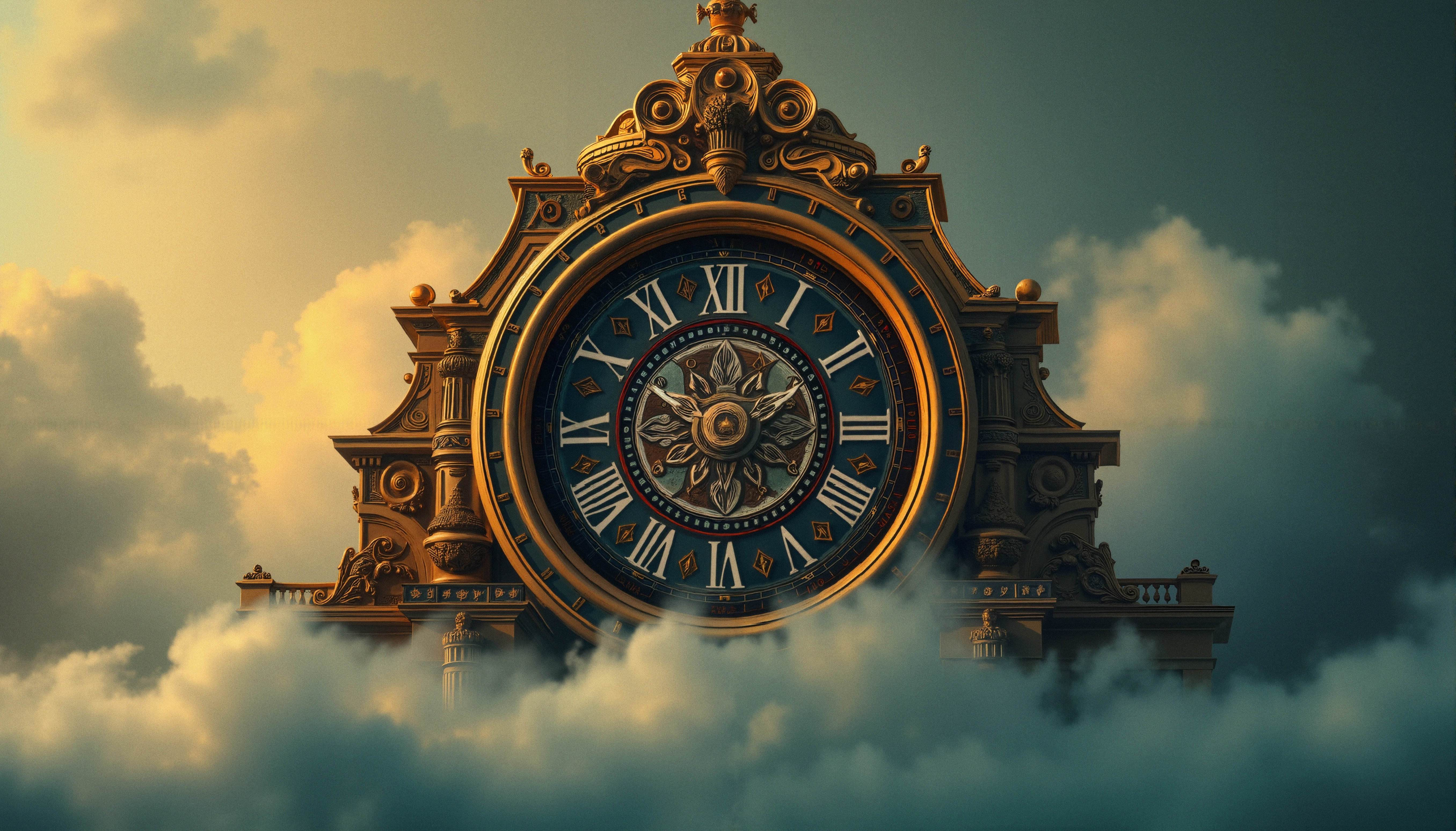 Ornate Vintage Clock Tower Floating in Dramatic Clouds
