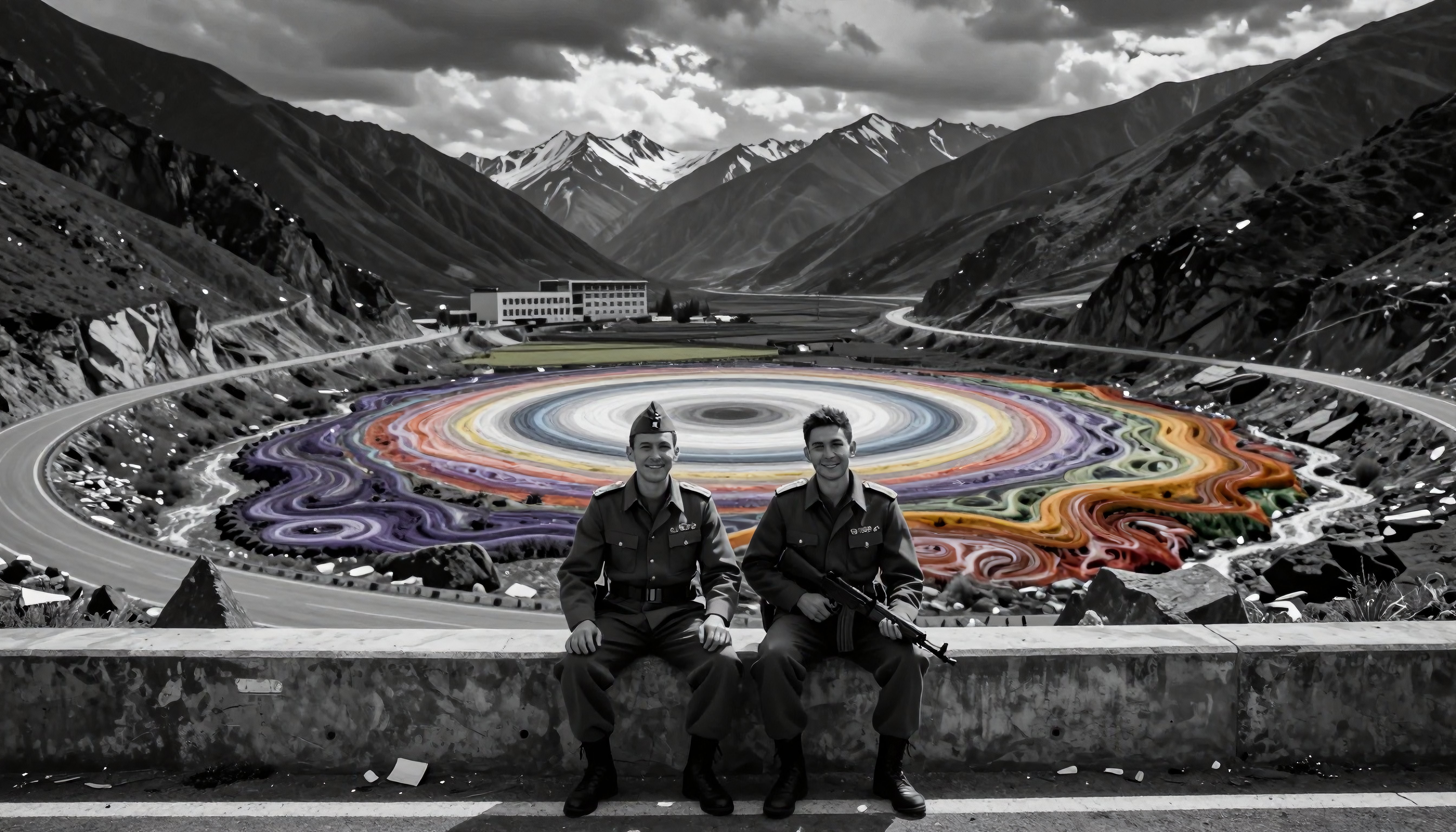 Two Soldiers Overlooking a Vibrant Spiral in Mountainous Terrain