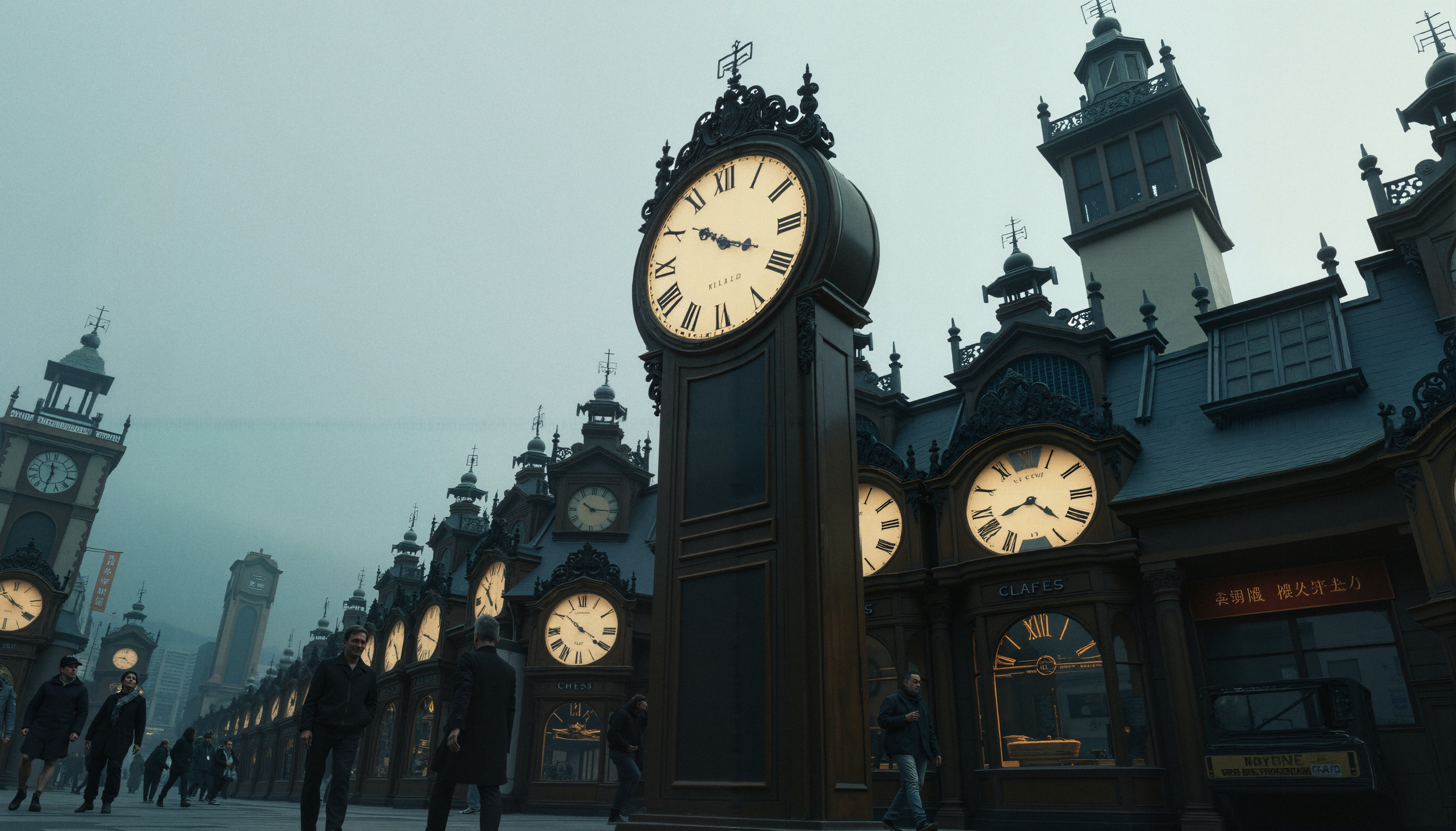 Grand clock tower facade in a historic urban shopping district under overcast skies