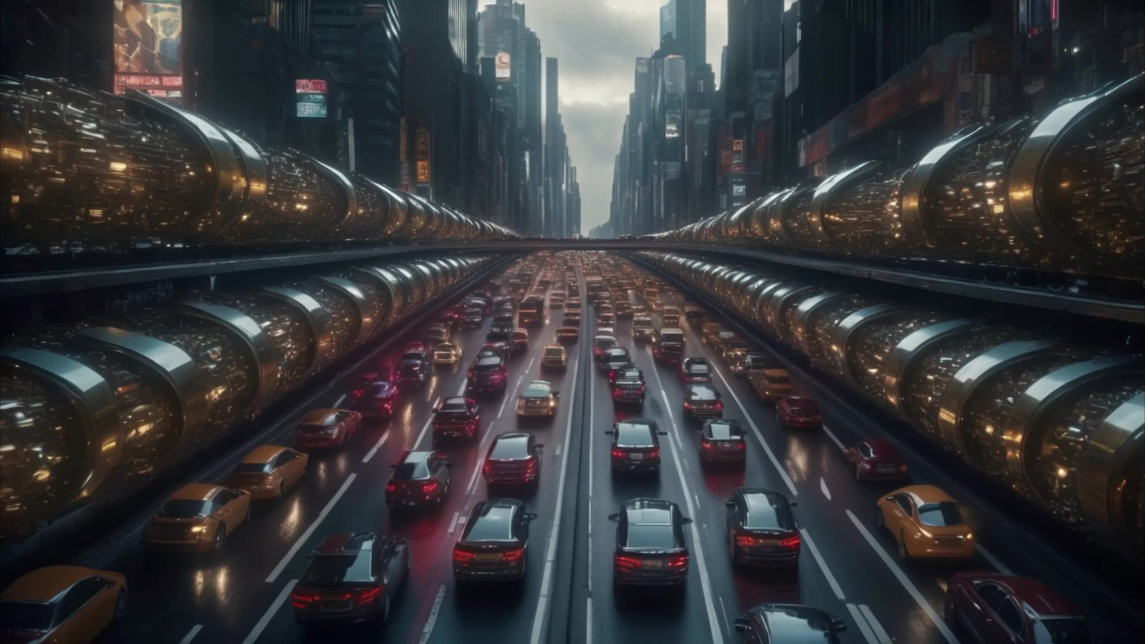 4K video of a futuristic city street filled with flying cars, neon-lit buildings, glowing transport tubes, and endless vehicle congestion under dramatic skies.