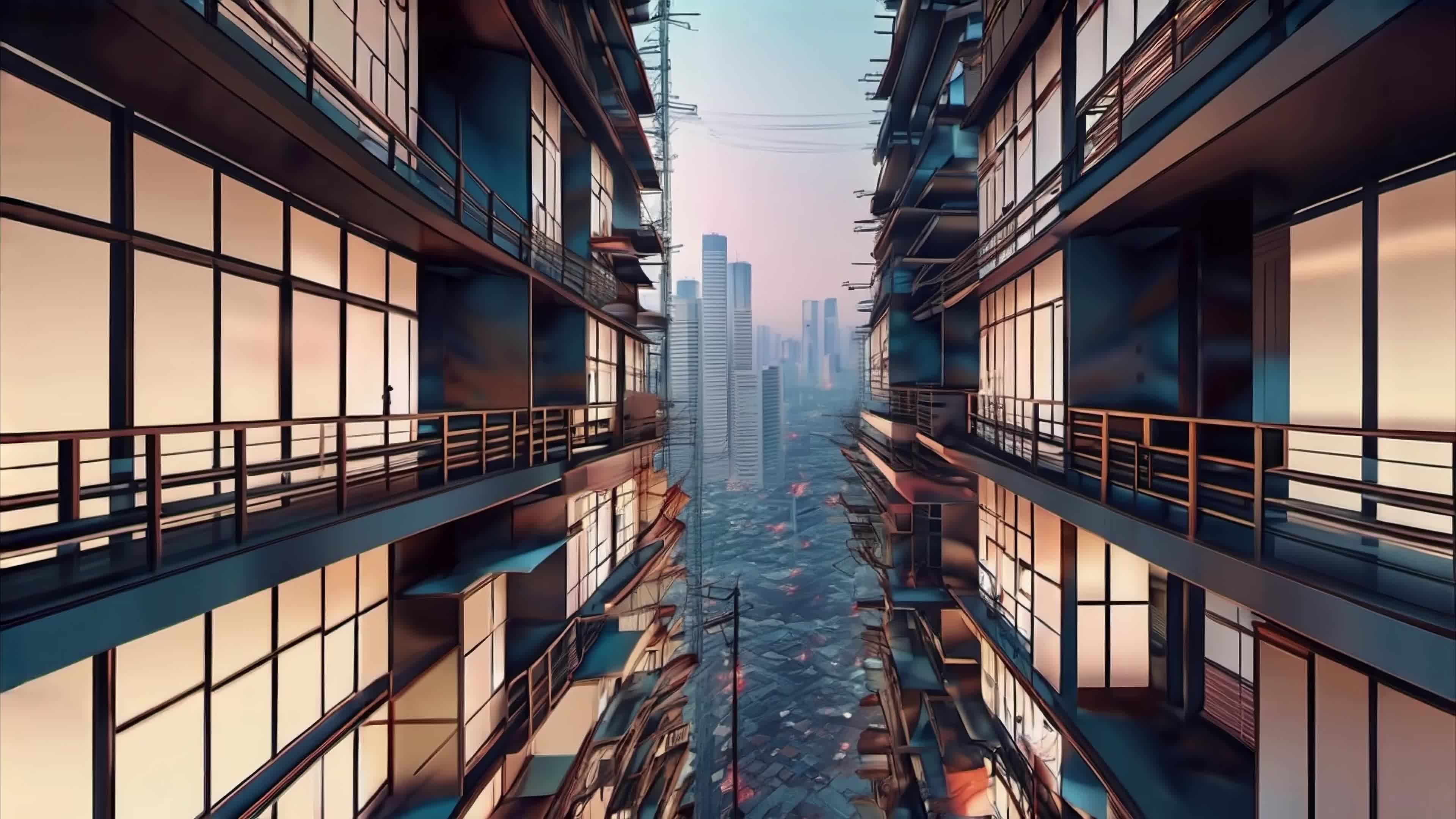 4K video of a narrow urban alley framed by modern apartments glowing warmly amid decaying cityscape at golden hour.