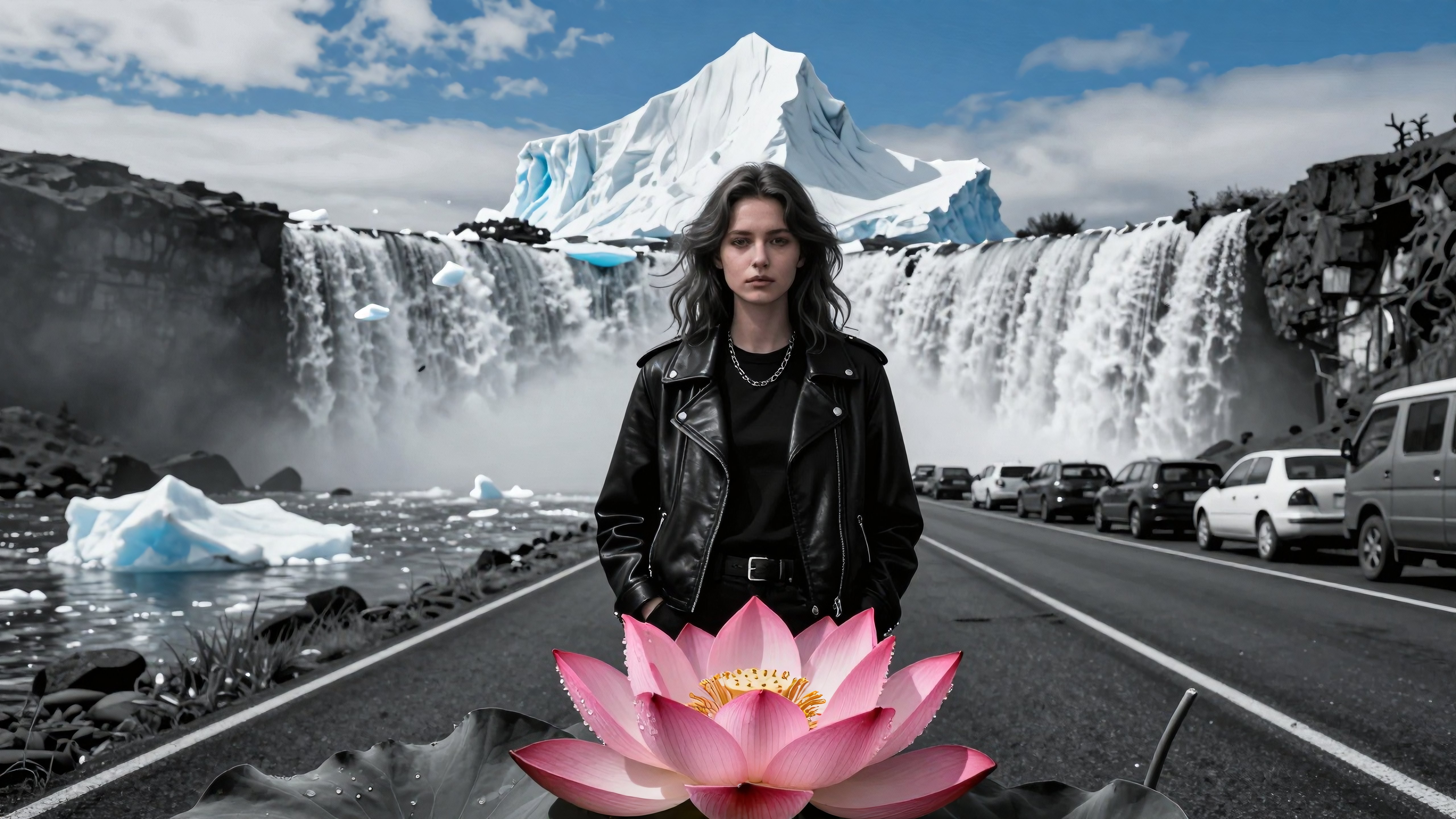 Surreal Landscape with Glacier Waterfall, Woman on Road, and Pink Lotus Flower