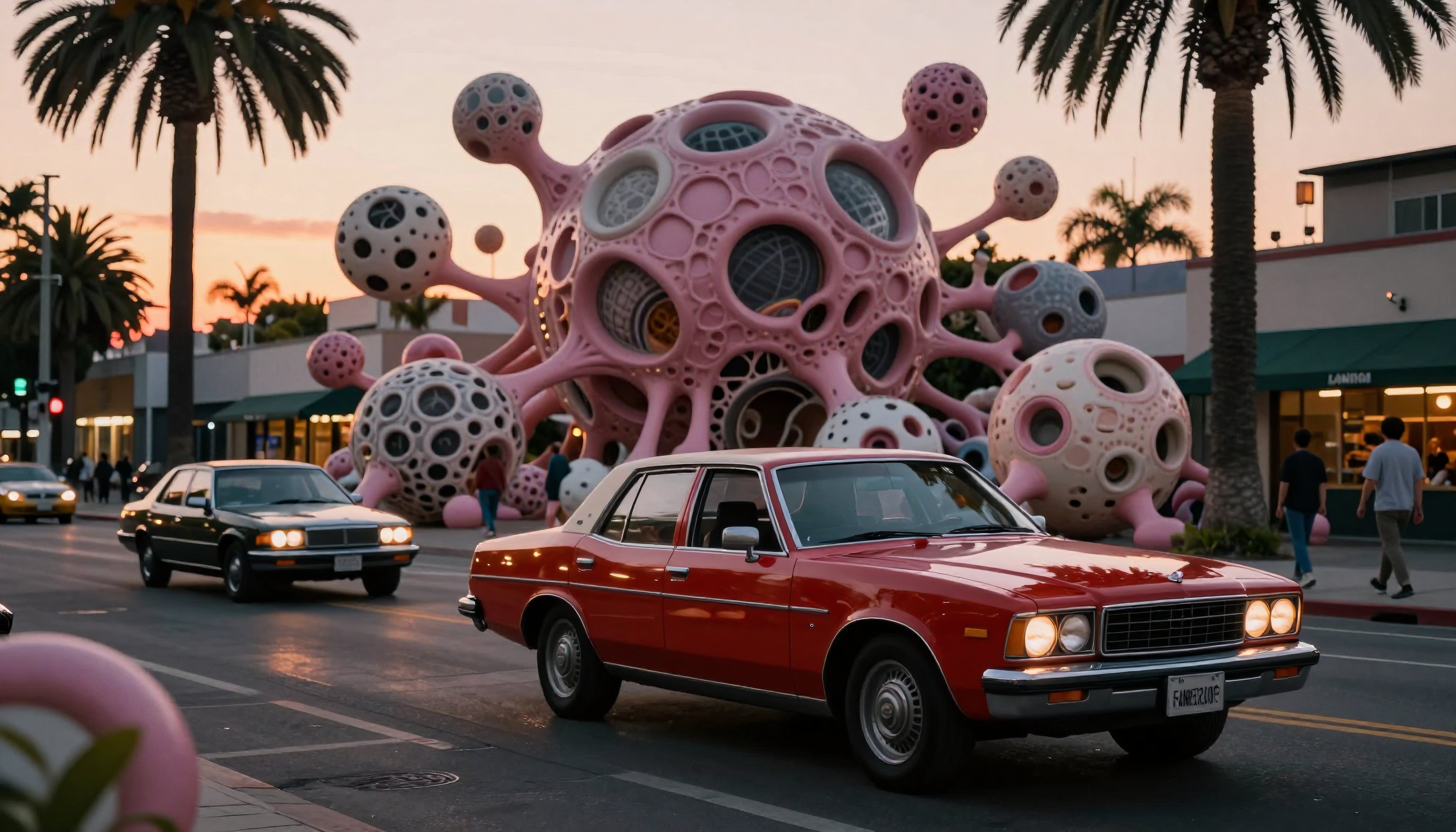 Pink Bubble Sculpture with Vintage Cars on Urban Sunset Street