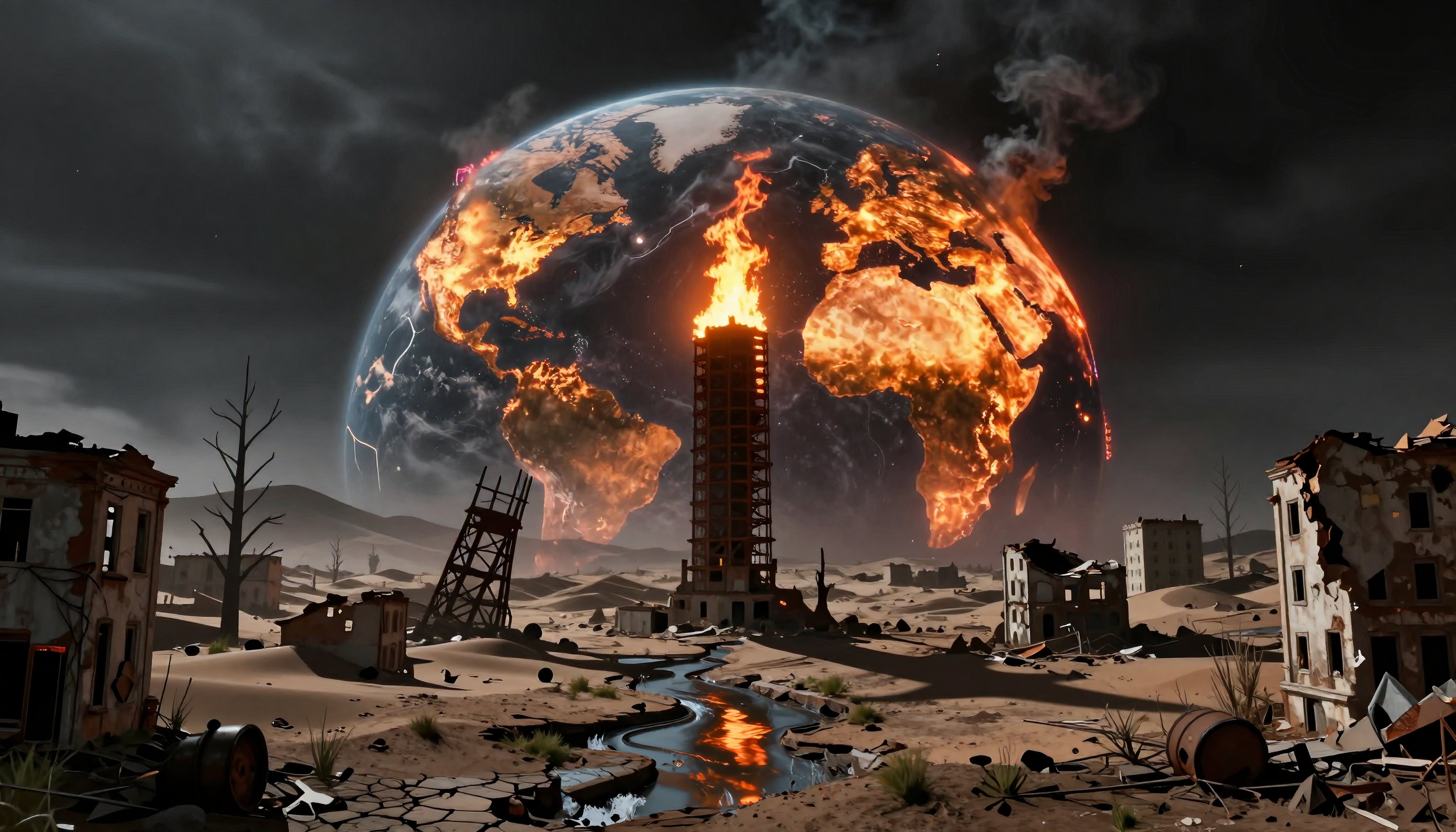 Dystopian Apocalypse: Burning Earth Over Ruined Cityscape