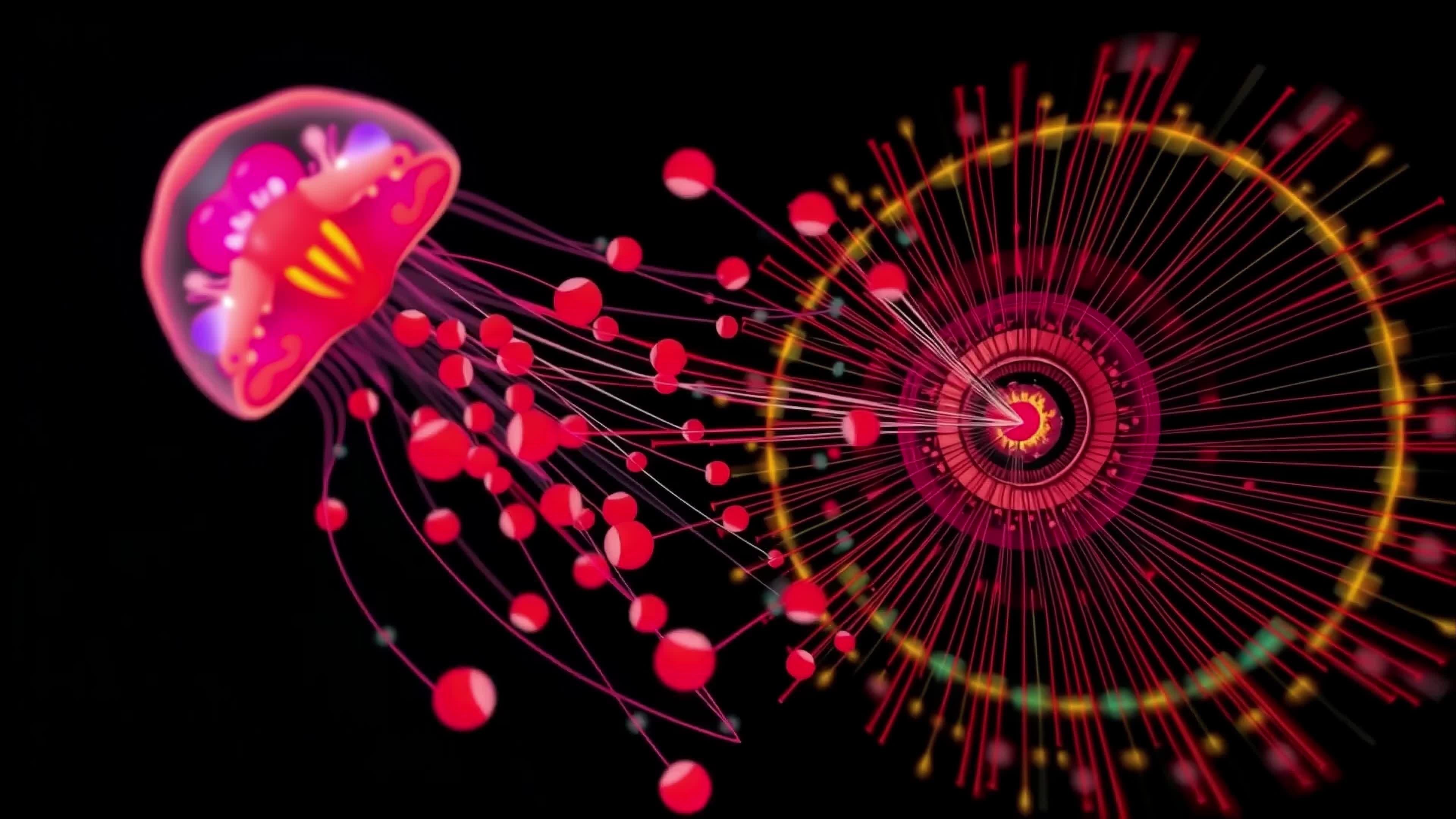 4K video of a glowing cosmic jellyfish swirl amidst vibrant digital spiral vortex animation.