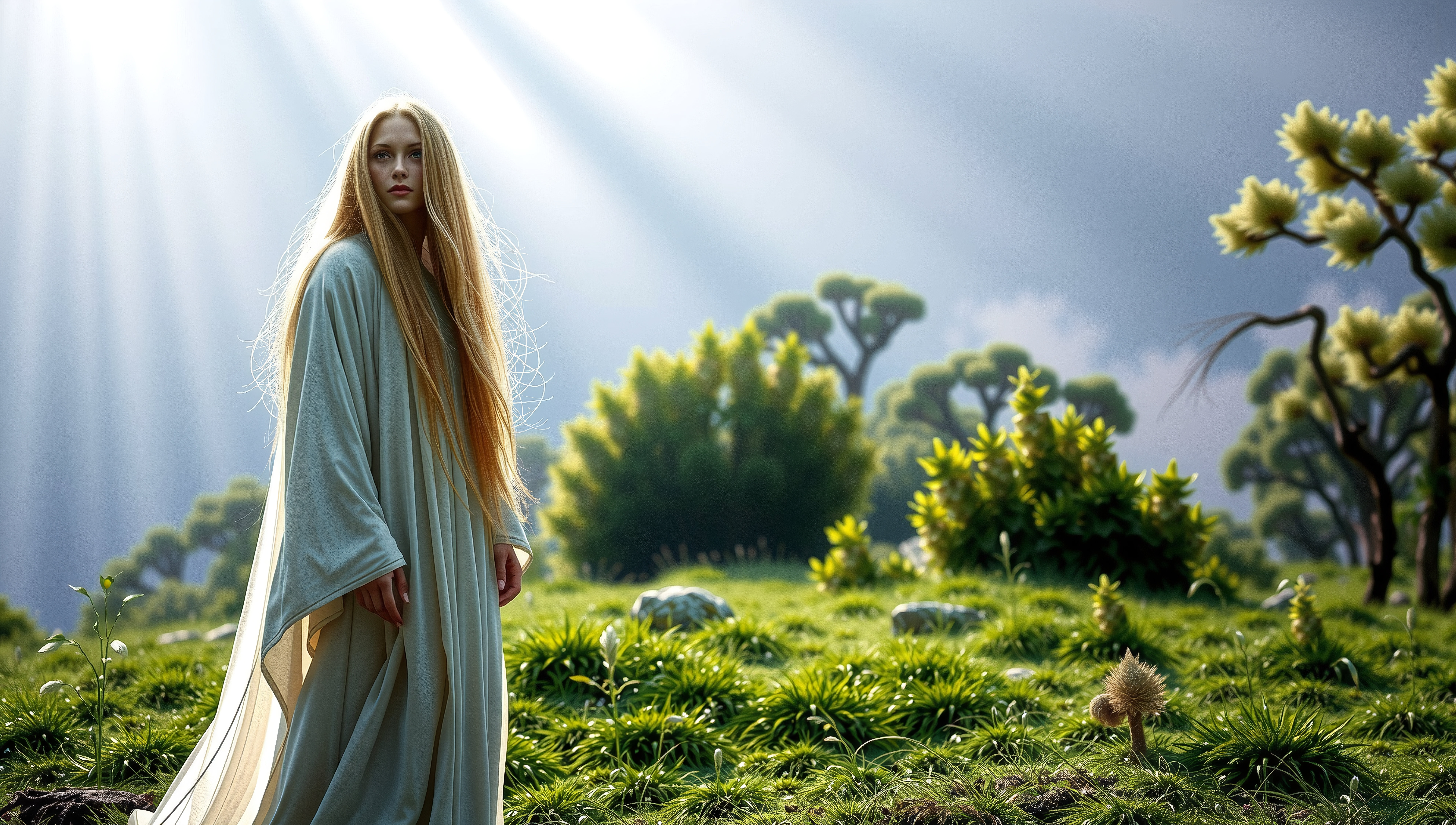 Serene Woman in Light Blue Robe Amidst Sunlit Green Landscape