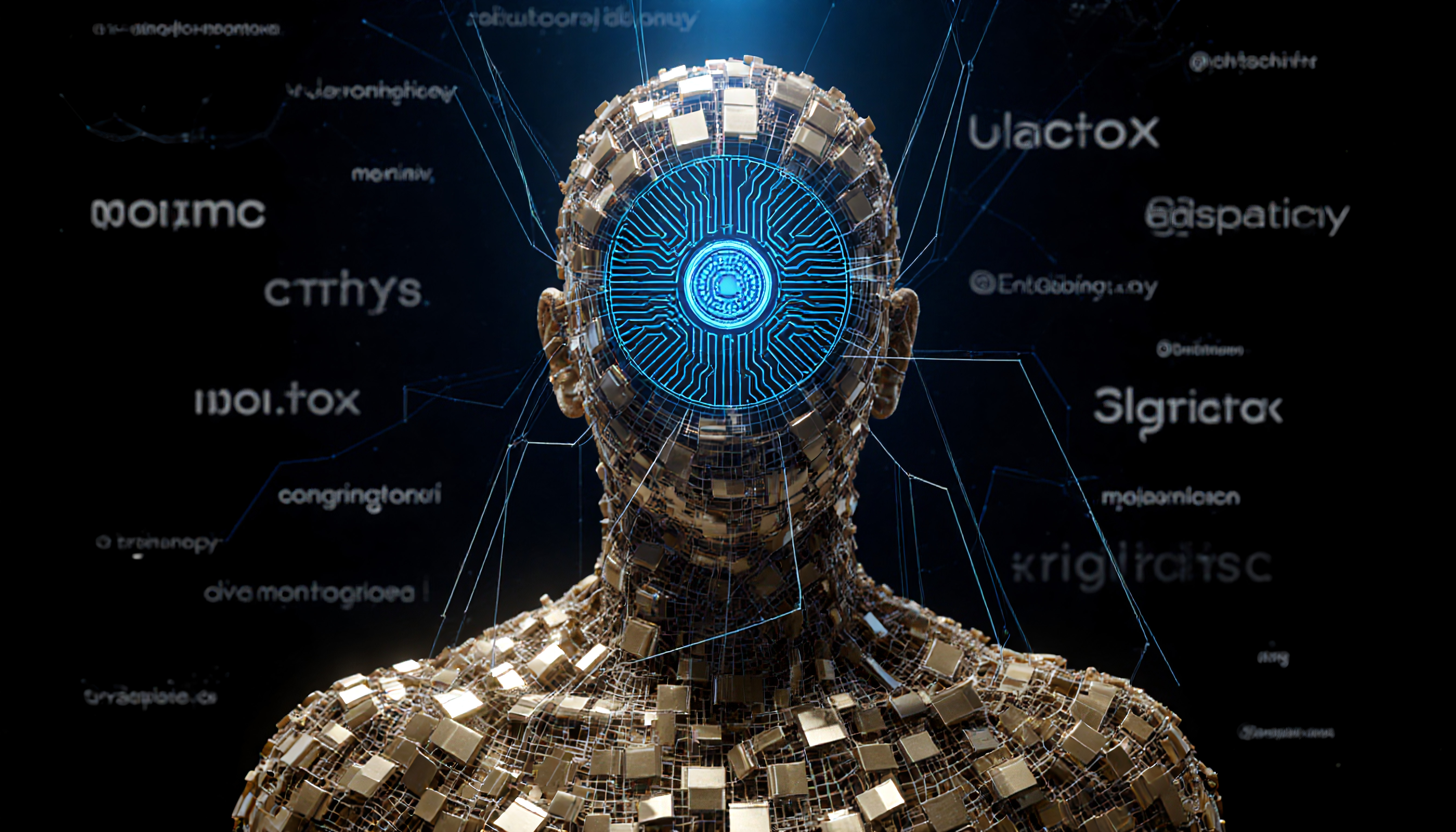 Futuristic AI Robot Head with Glowing Circuitry and Digital Text Background