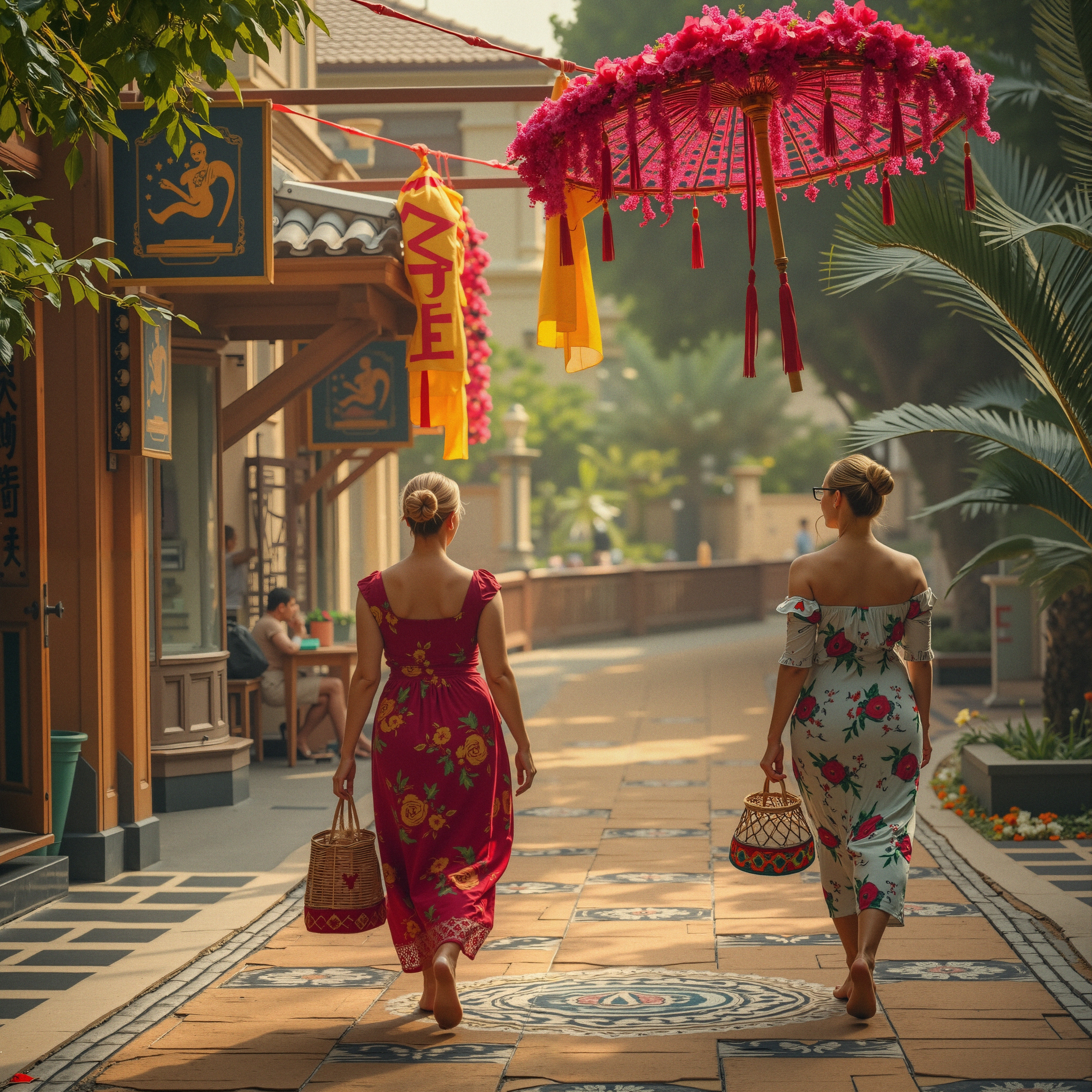 Two Women Walking Through a Vibrant Southeast Asian Street Market Alley