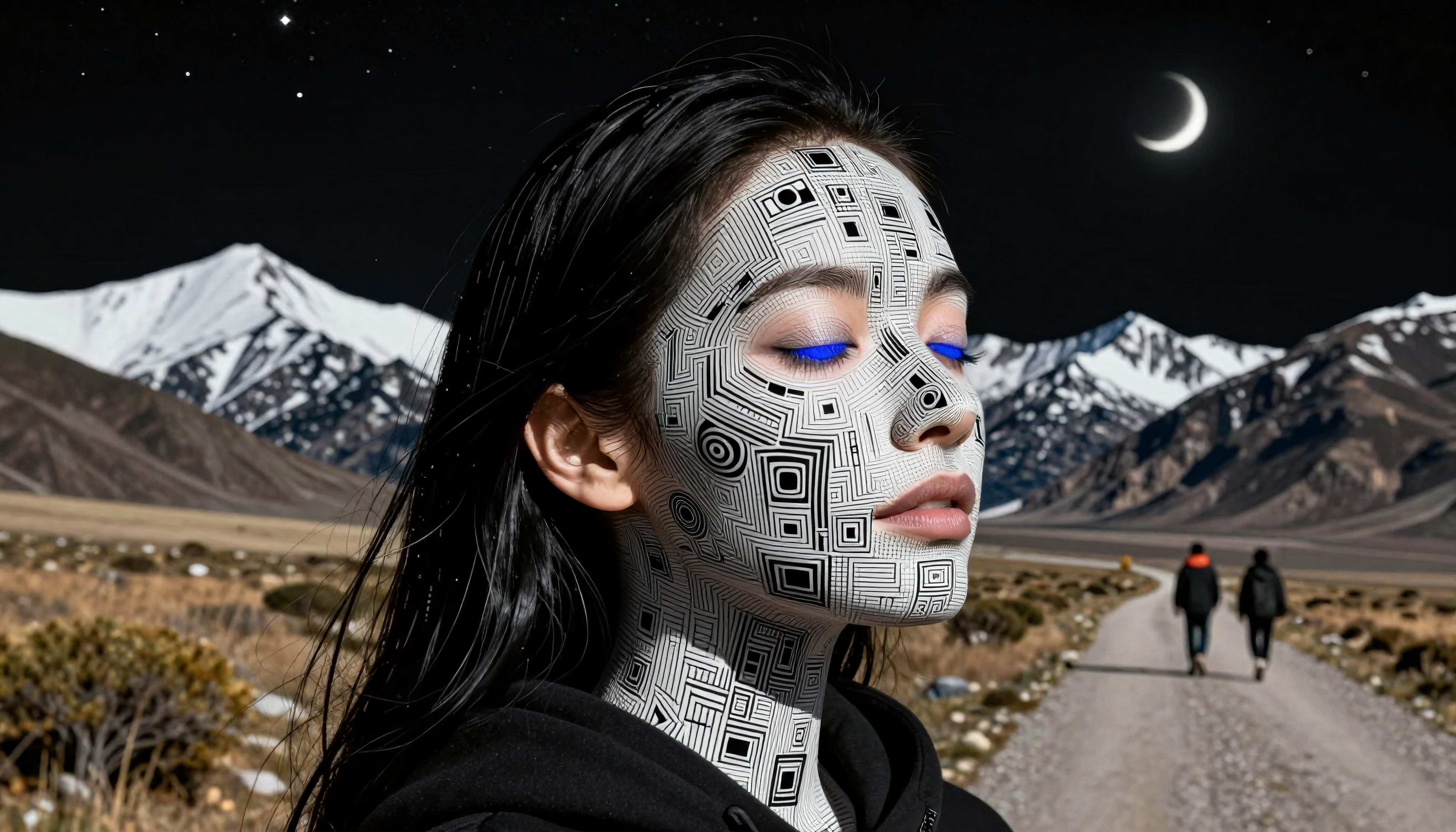 Woman with Geometric Face Art in Snow-Capped Mountain Night Landscape