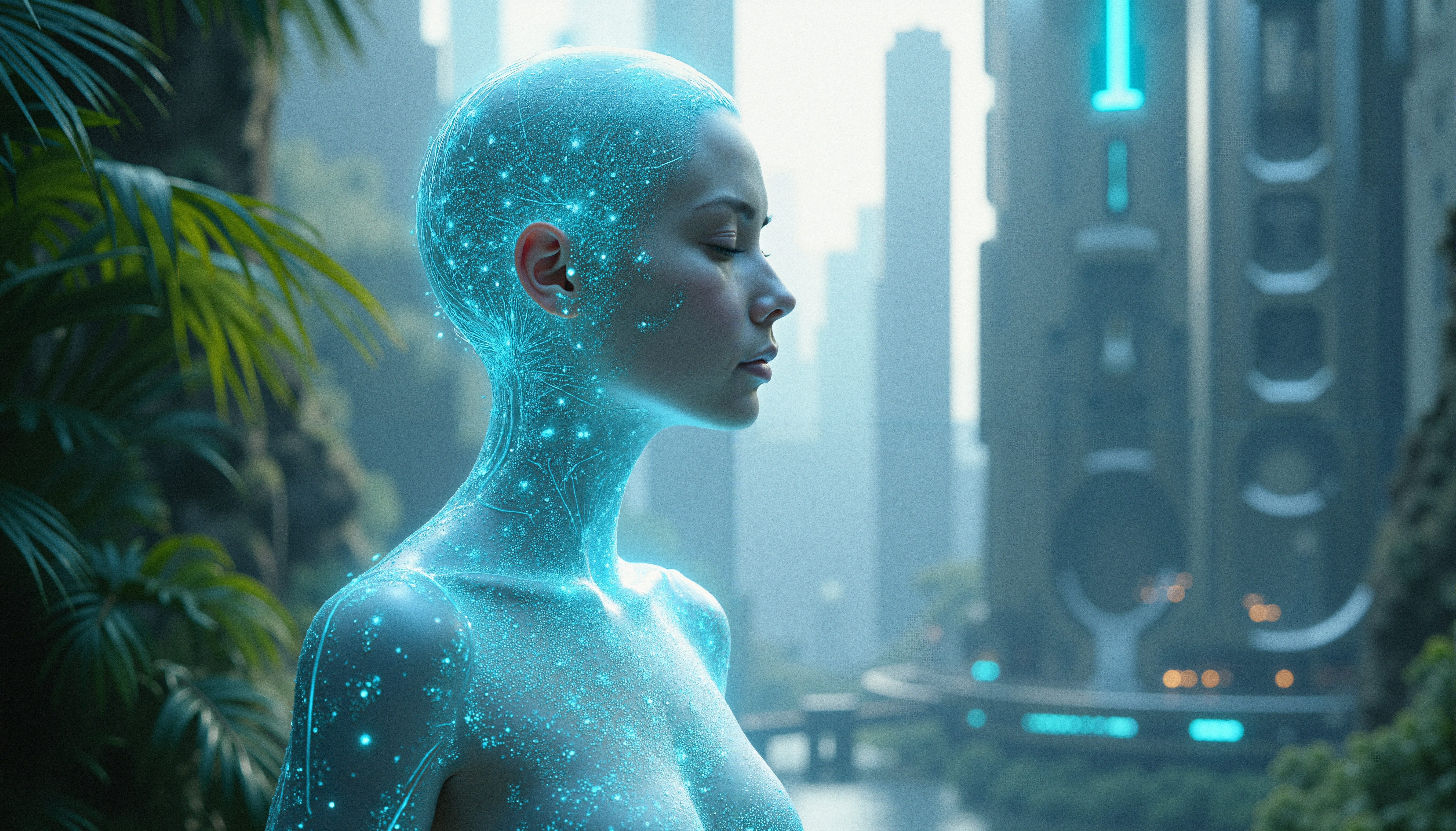 Futuristic Neural Network Figure in Cyberpunk Cityscape