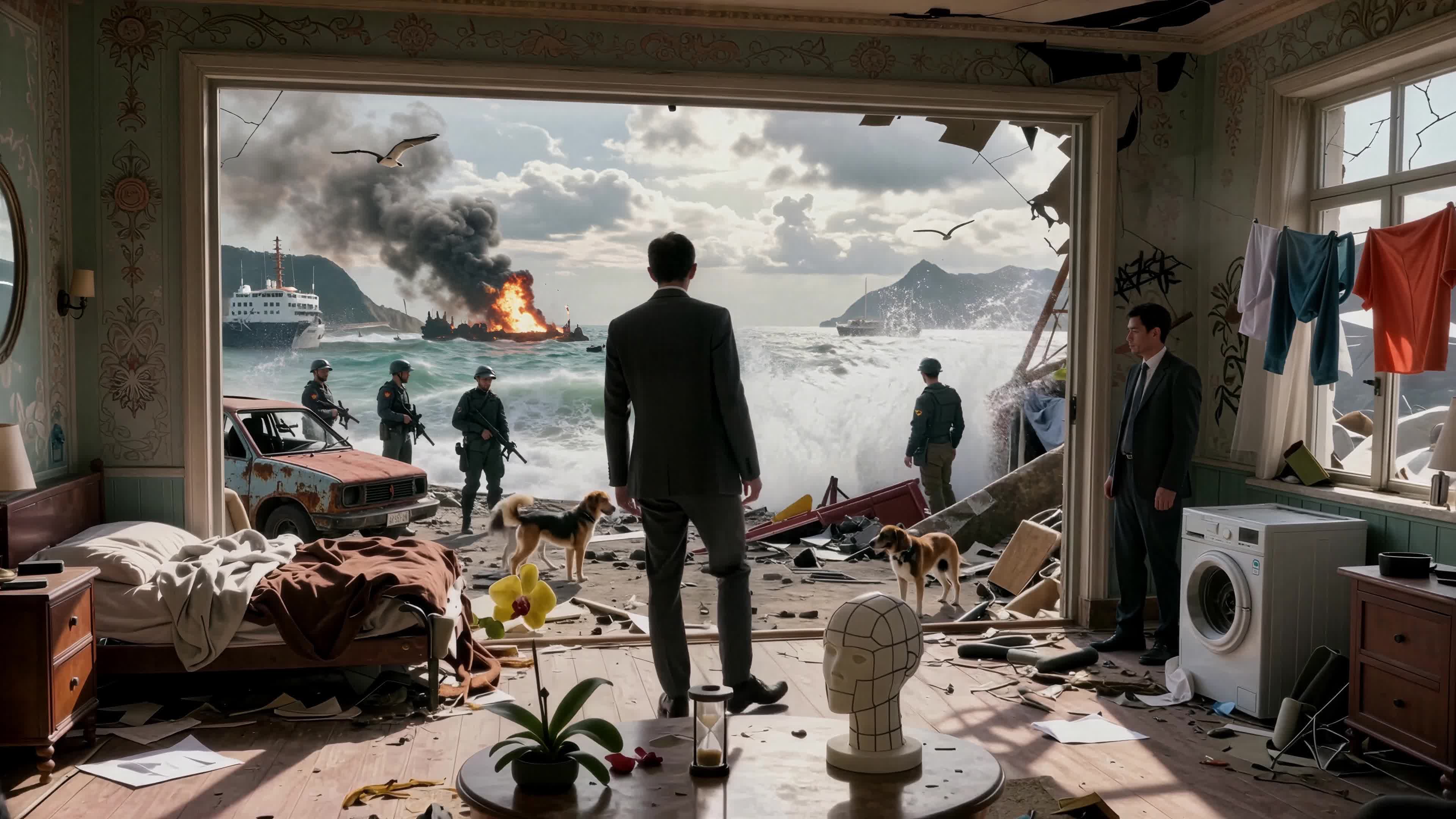 Man in suit stares out ruined home toward burning naval vessels and armed troops amid post-apocalyptic shoreline 4K video.