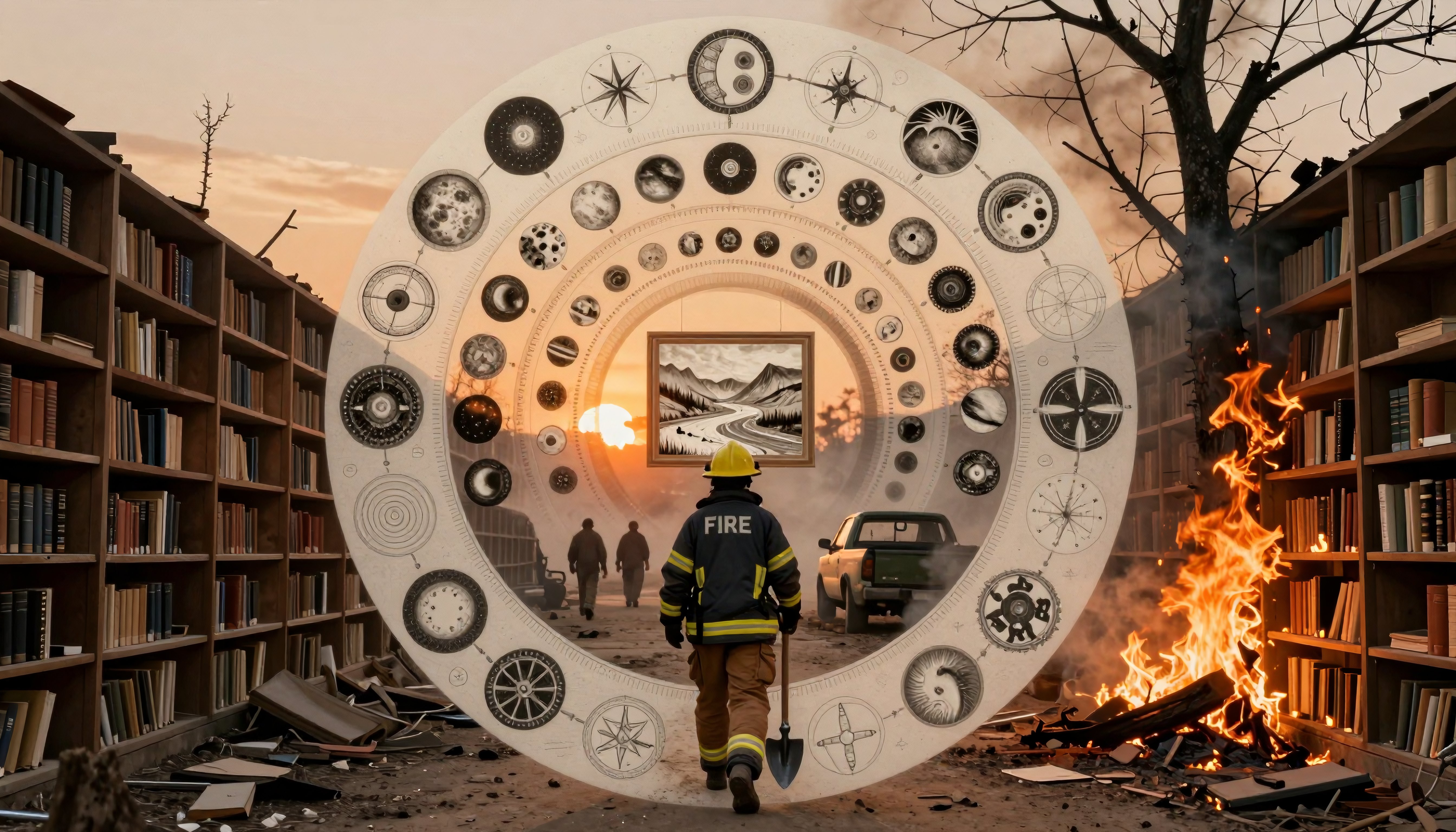 Firefighter amidst burning library with celestial portal