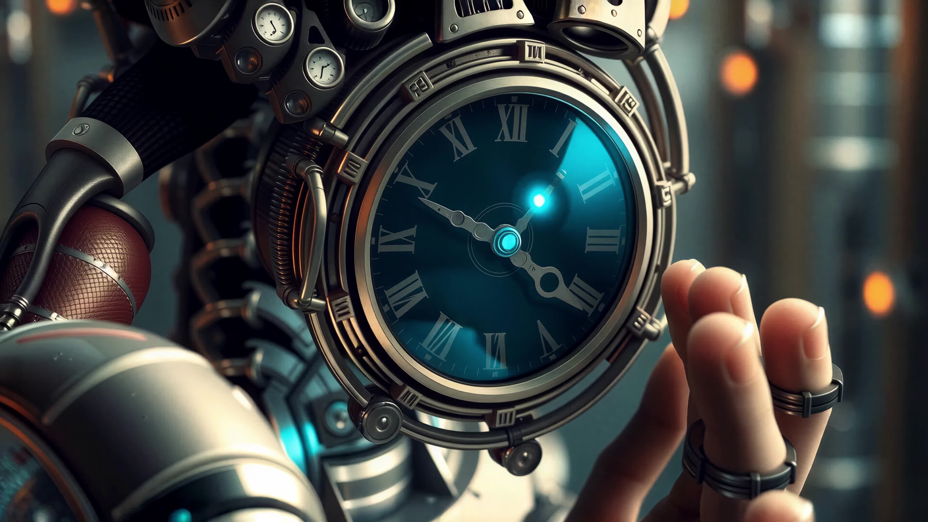 Robotic Hand Touches Glowing Antique Pocket Watch in Sci-Fi Steampunk 4K Video