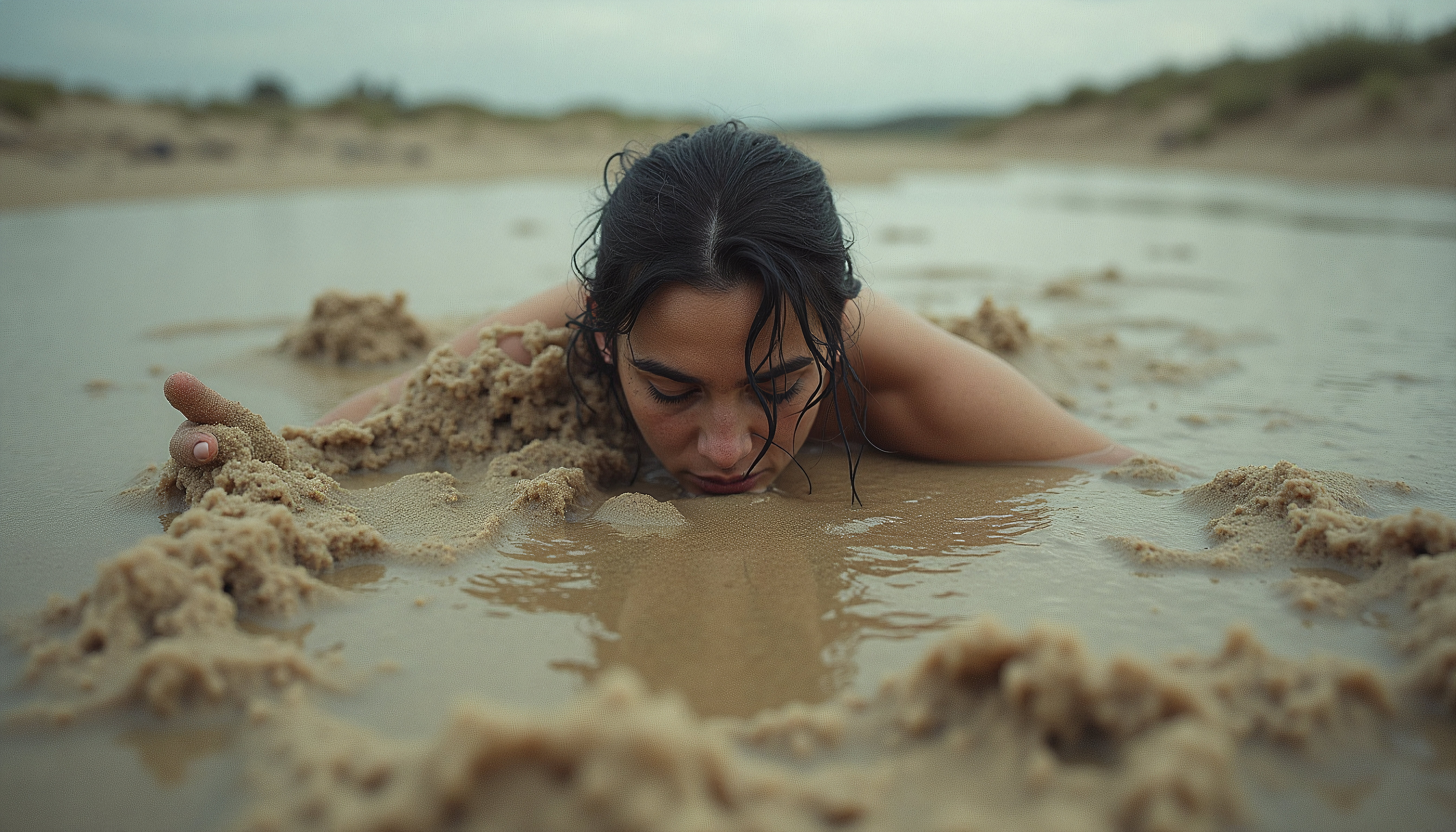 Woman Partially Buried in Wet Sand on the Beach