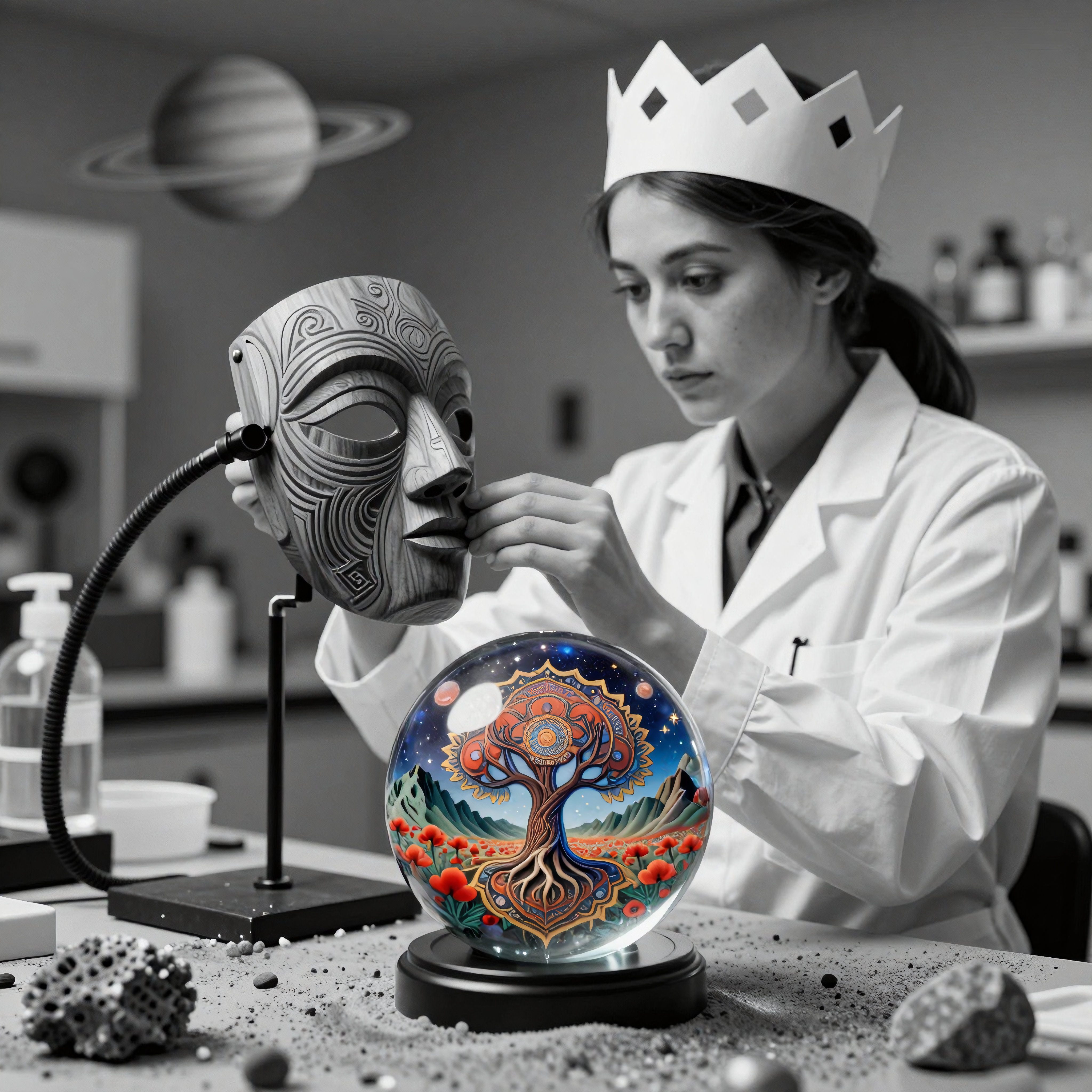 Scientist in Lab with Paper Crown Examining Ceremonial Mask and Crystal Ball