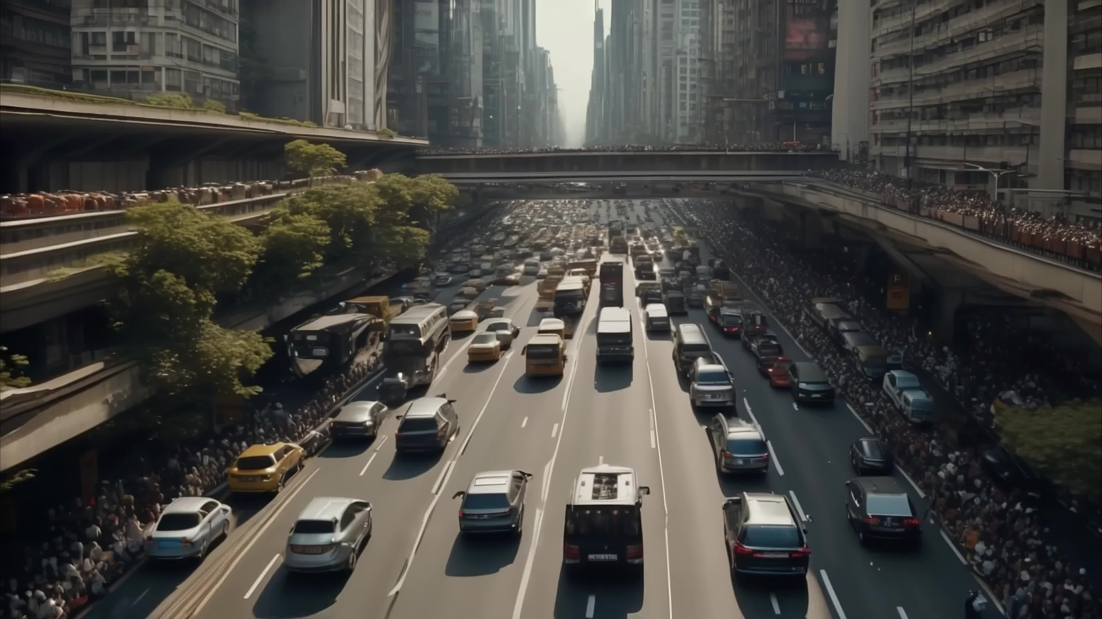 4K video of a bustling metropolitan highway packed with cars and crowds between towering skyscrapers during rush hour.