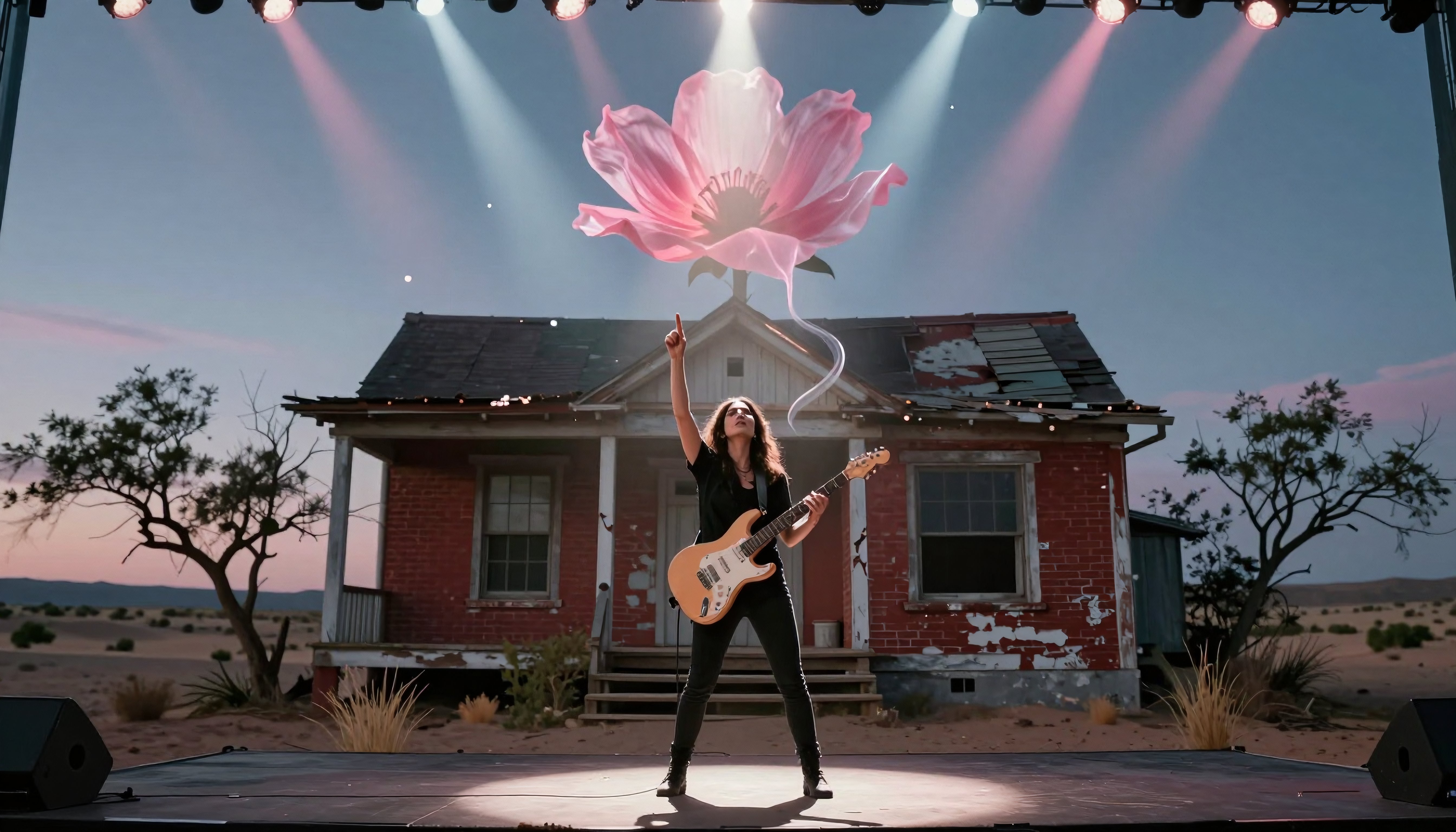 Guitarist Performer with Giant Pink Flower in Desert Setting
