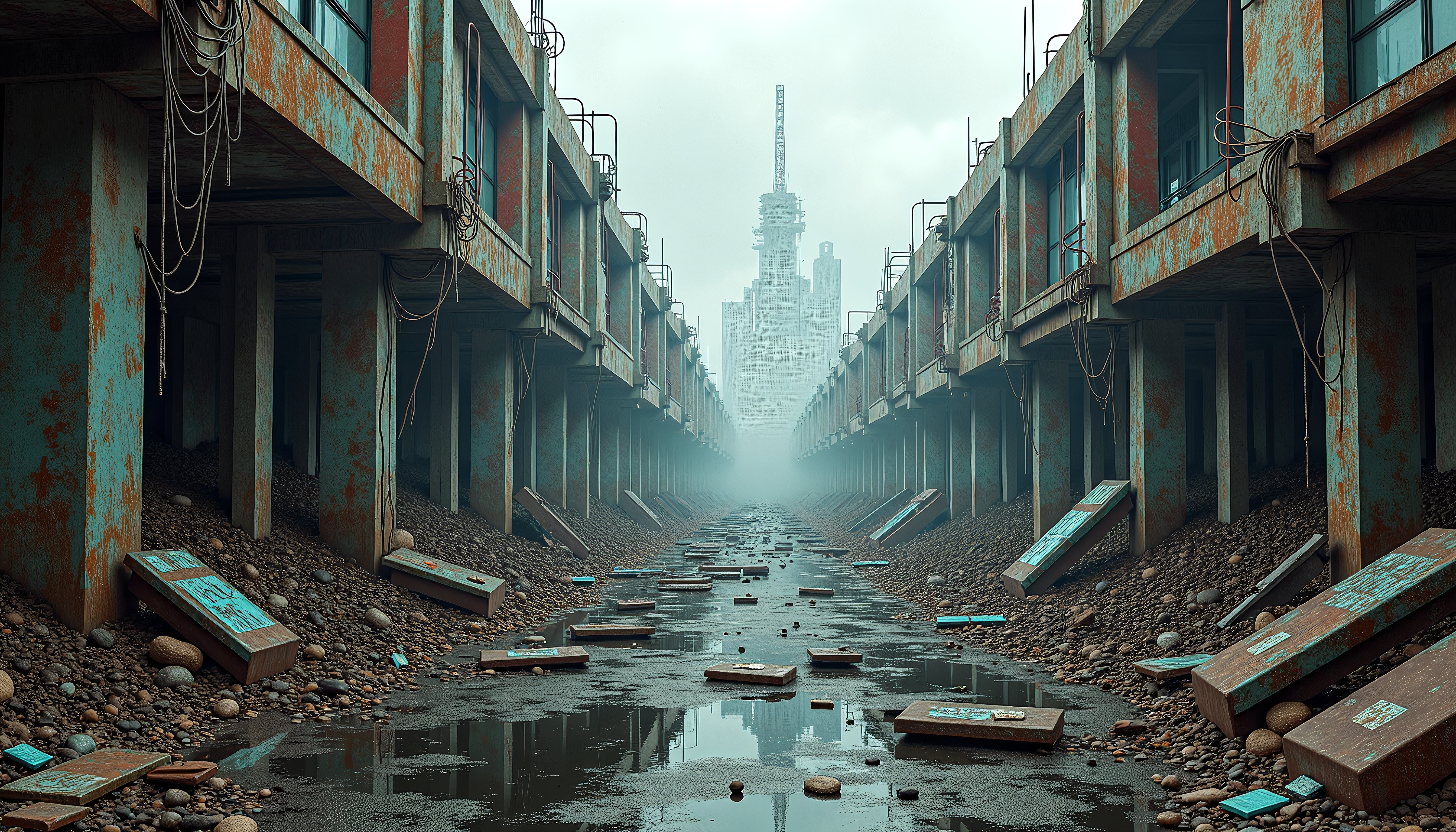 Dystopian Urban Ruins: Abandoned Alley with Rusty Buildings and Foggy Tower